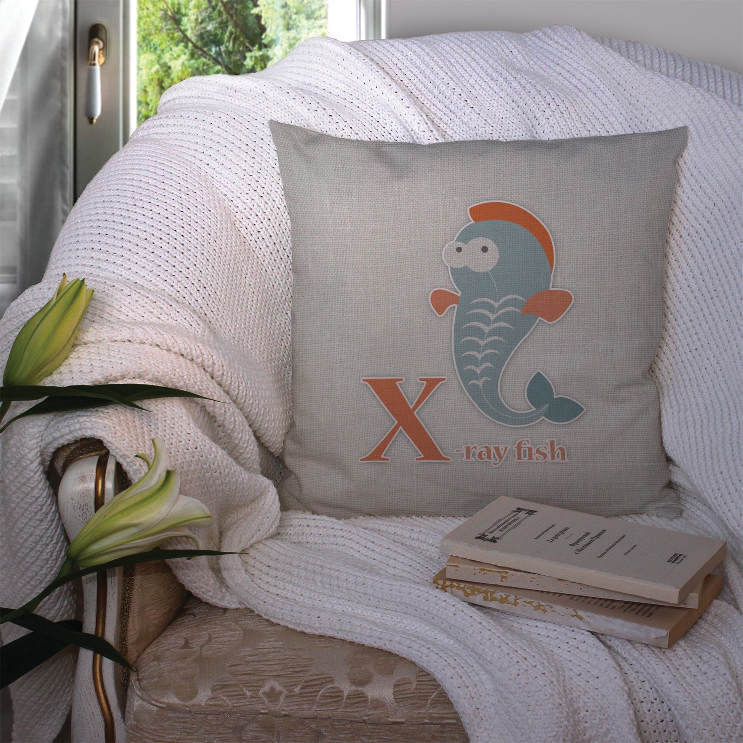 Alphabet X for Xray Fish Decorative Throw Pillow 14x14 Indoor Outdoor Accent Cushion, Fabric Cover with Insert for Sofa, Bed, Porch & Living Room