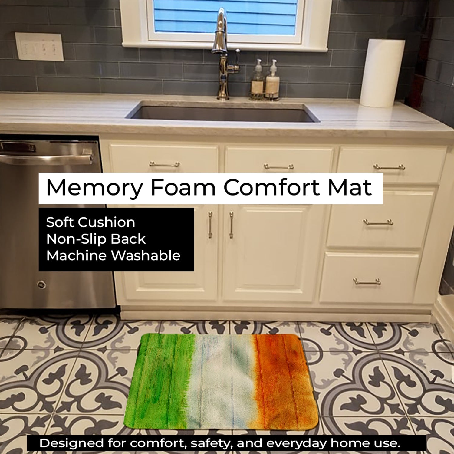 Irish Flag on Wood Memory Foam Kitchen Mat Machine Washable Anti-Fatigue Cushion Comfort Bath or Kitchen Rug