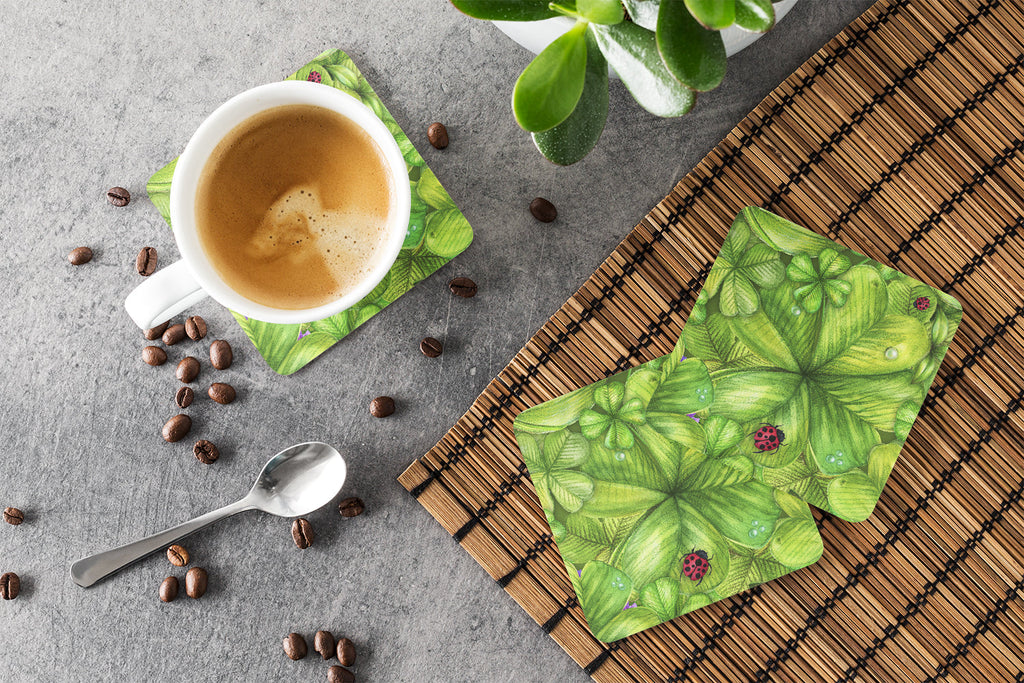 Shamrocks and Lady bugs Foam Coasters Set of 4 Cup Coasters for Indoor Outdoor, Tabletop Protection, Anti Slip, Mouse pad Material