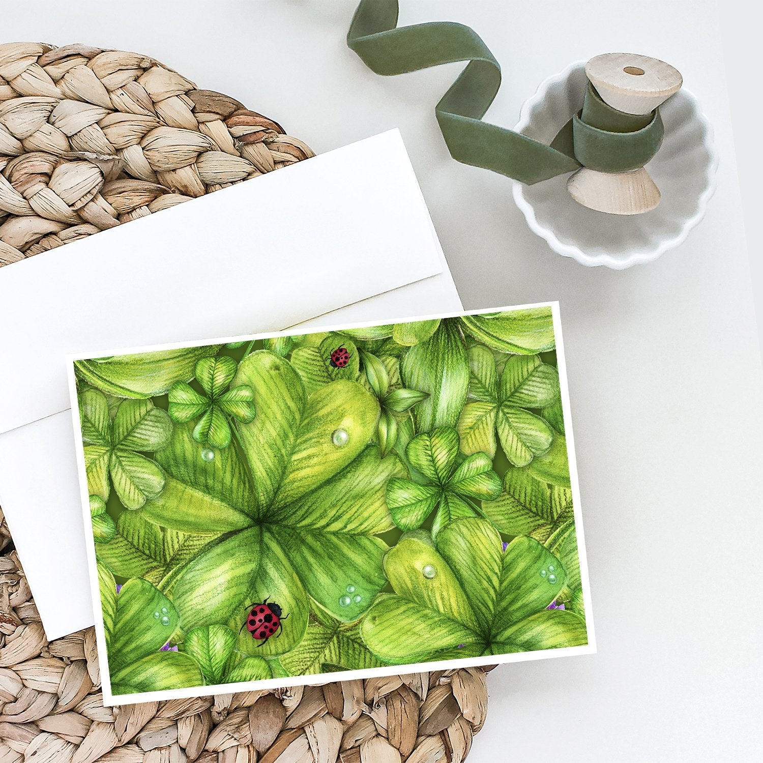 Shamrocks and Lady bugs Greeting Cards Pack of 8 Blank Cards with Envelopes Whimsical A7 Size 5x7