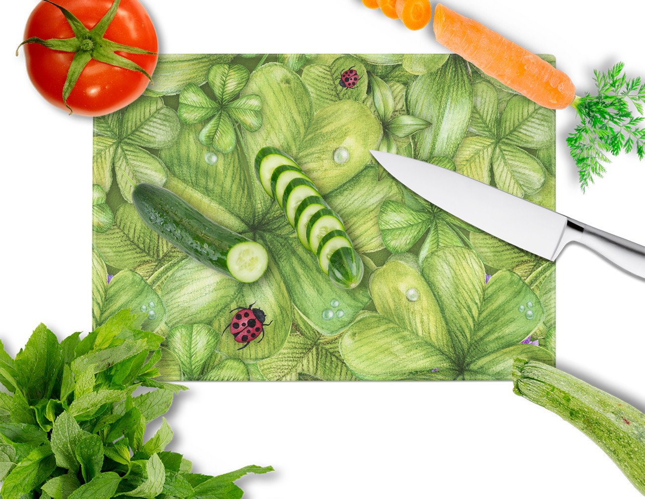 Shamrocks and Lady bugs Cutting Board Tempered Glass Kitchen Cutting Surface, Heat Resistant Chopping, Non-Slip Feet, Food Prep & Serving