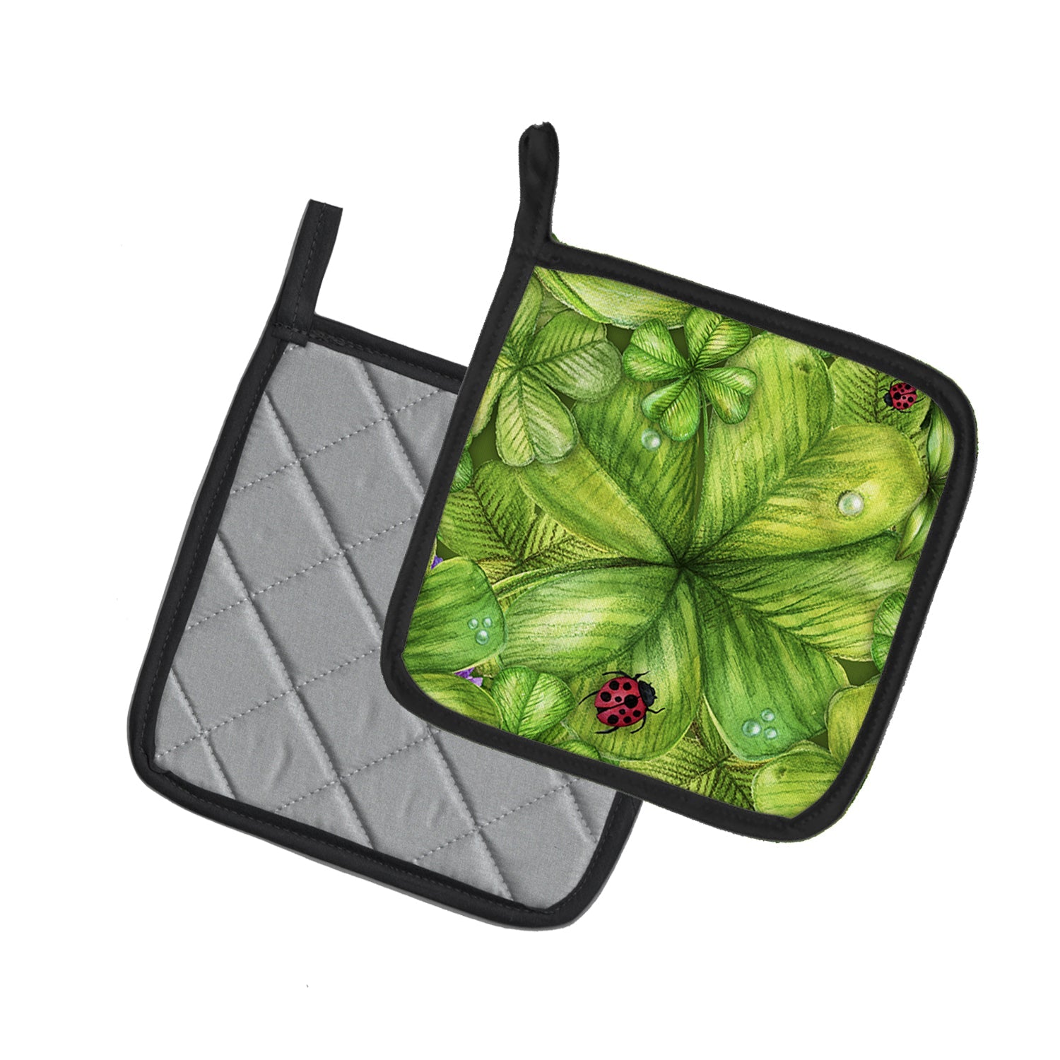 Shamrocks and Lady bugs Pot Holder Set of 2 Heat Resistant Quilted Hot Pads 7.5 x 7.5 Inch, Insulated Kitchen Trivets for Cooking & Baking