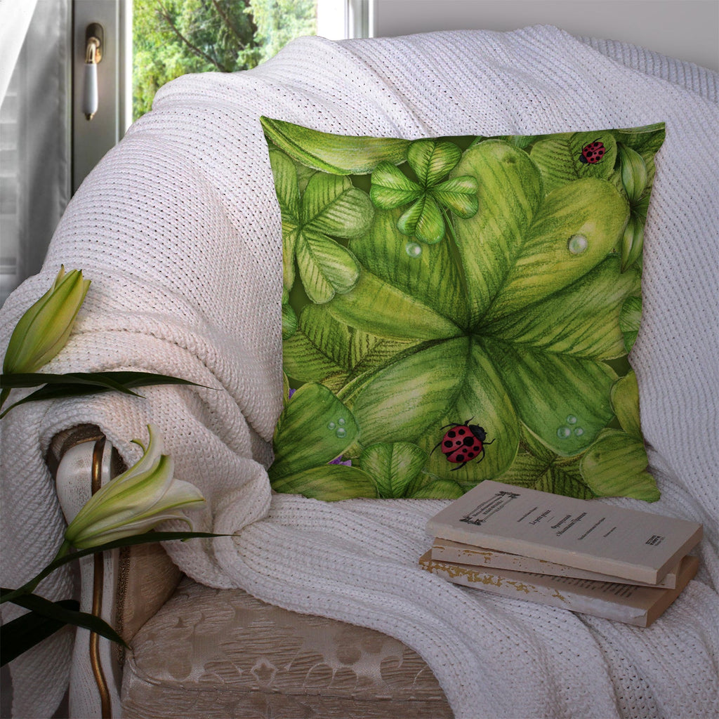 Shamrocks and Lady bugs Decorative Throw Pillow 14x14 Indoor Outdoor Accent Cushion, Fabric Cover with Insert for Sofa, Bed, Porch & Living Room
