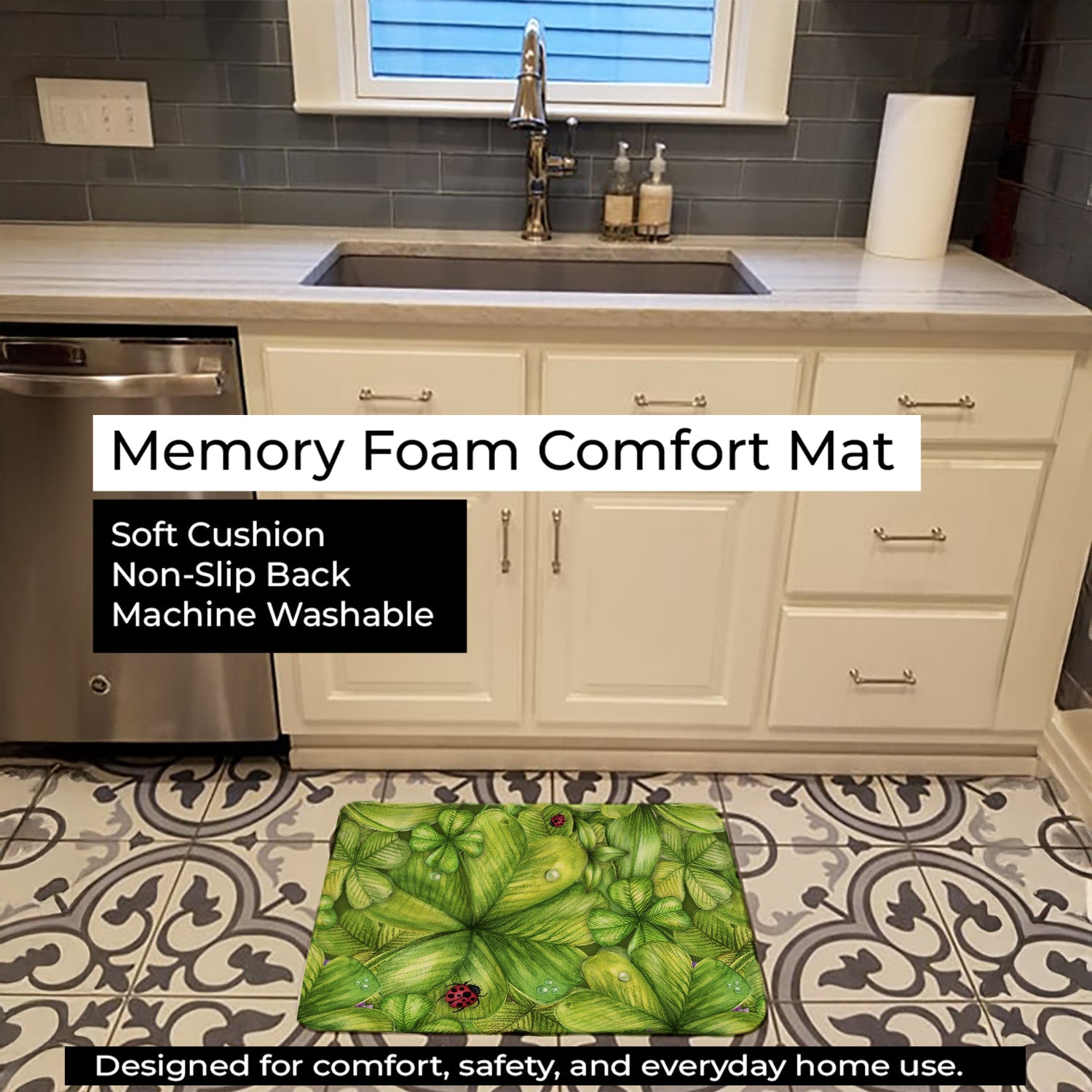 Shamrocks and Lady bugs Memory Foam Kitchen Mat Machine Washable Anti-Fatigue Cushion Comfort Bath or Kitchen Rug
