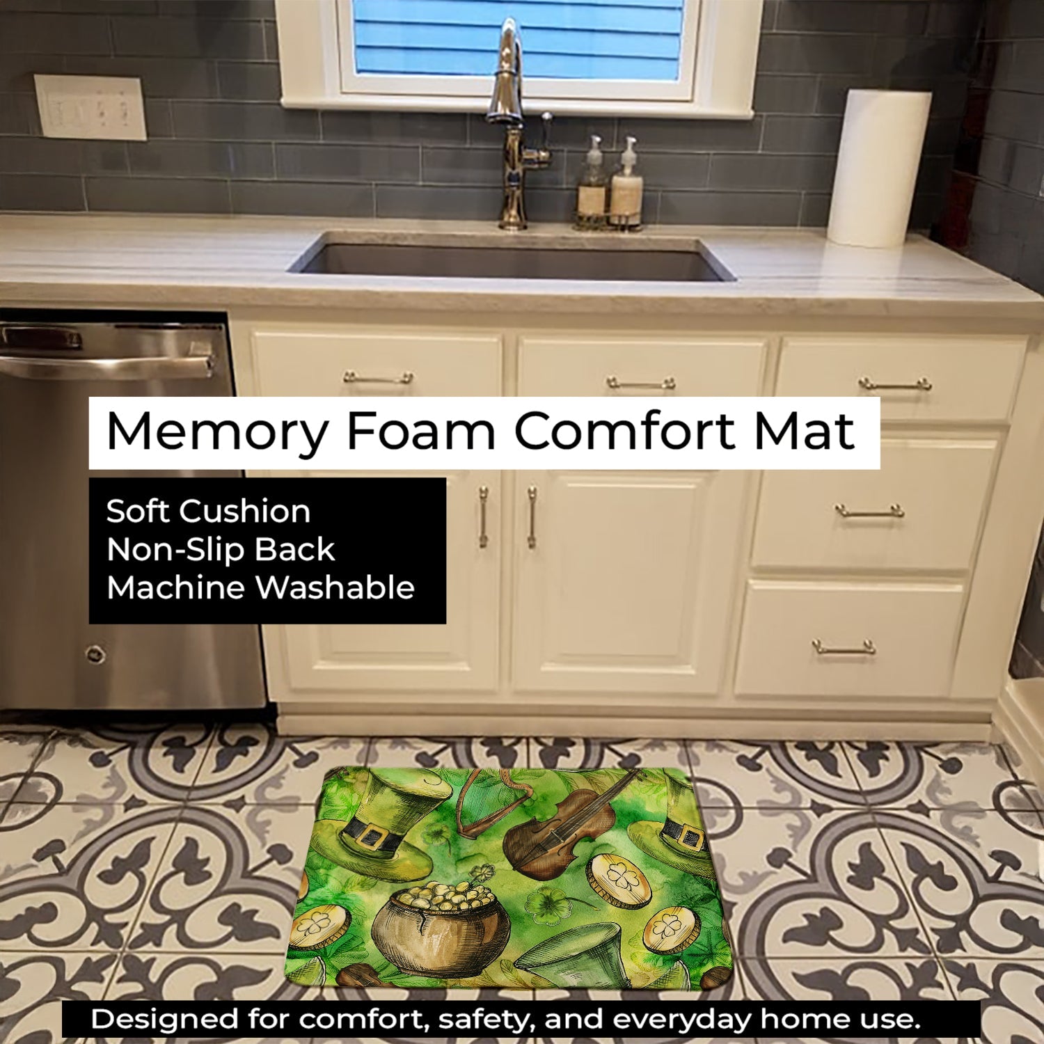 Luck of the Irish Memory Foam Kitchen Mat Machine Washable Anti-Fatigue Cushion Comfort Bath or Kitchen Rug