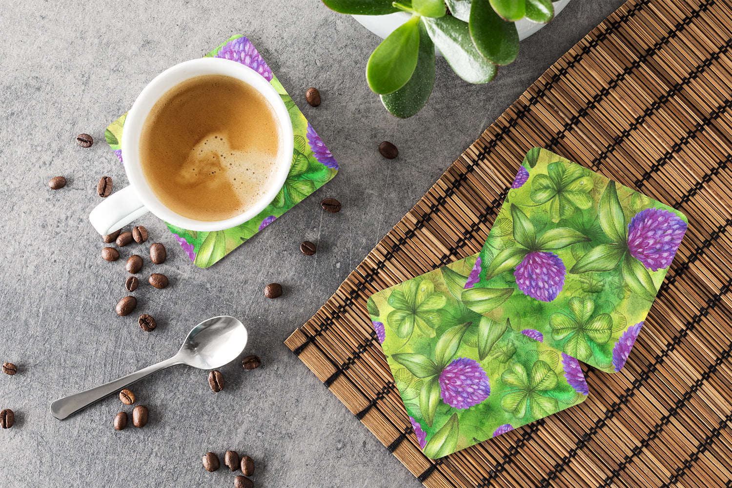 Shamrocks in Bloom Foam Coasters Set of 4 Cup Coasters for Indoor Outdoor, Tabletop Protection, Anti Slip, Mouse pad Material