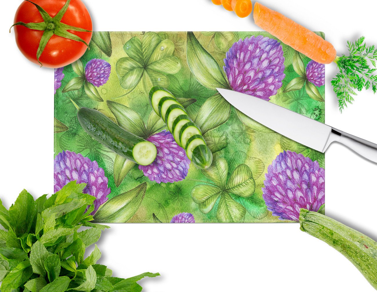Shamrocks in Bloom Cutting Board Tempered Glass Kitchen Cutting Surface, Heat Resistant Chopping, Non-Slip Feet, Food Prep & Serving