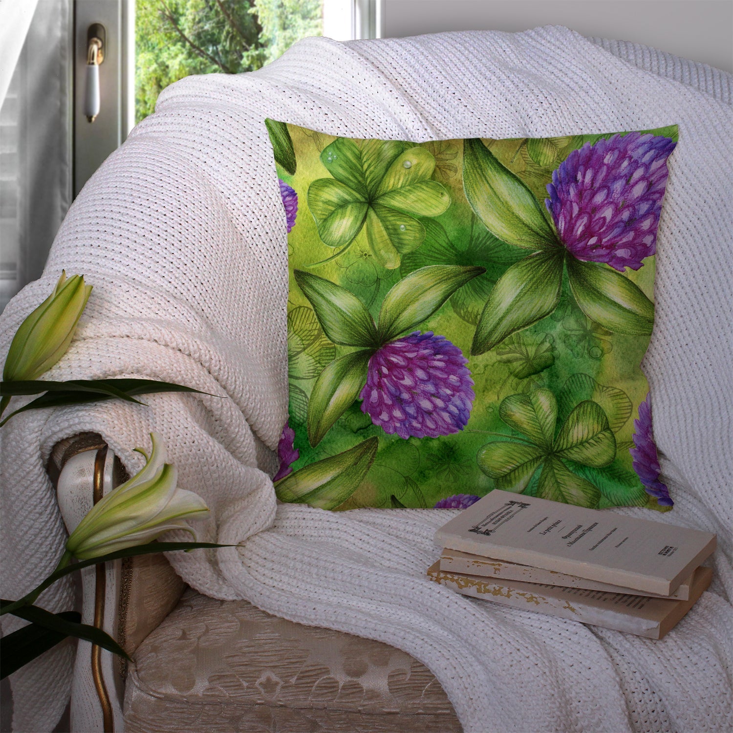 Shamrocks in Bloom Decorative Throw Pillow 14x14 Indoor Outdoor Accent Cushion, Fabric Cover with Insert for Sofa, Bed, Porch & Living Room