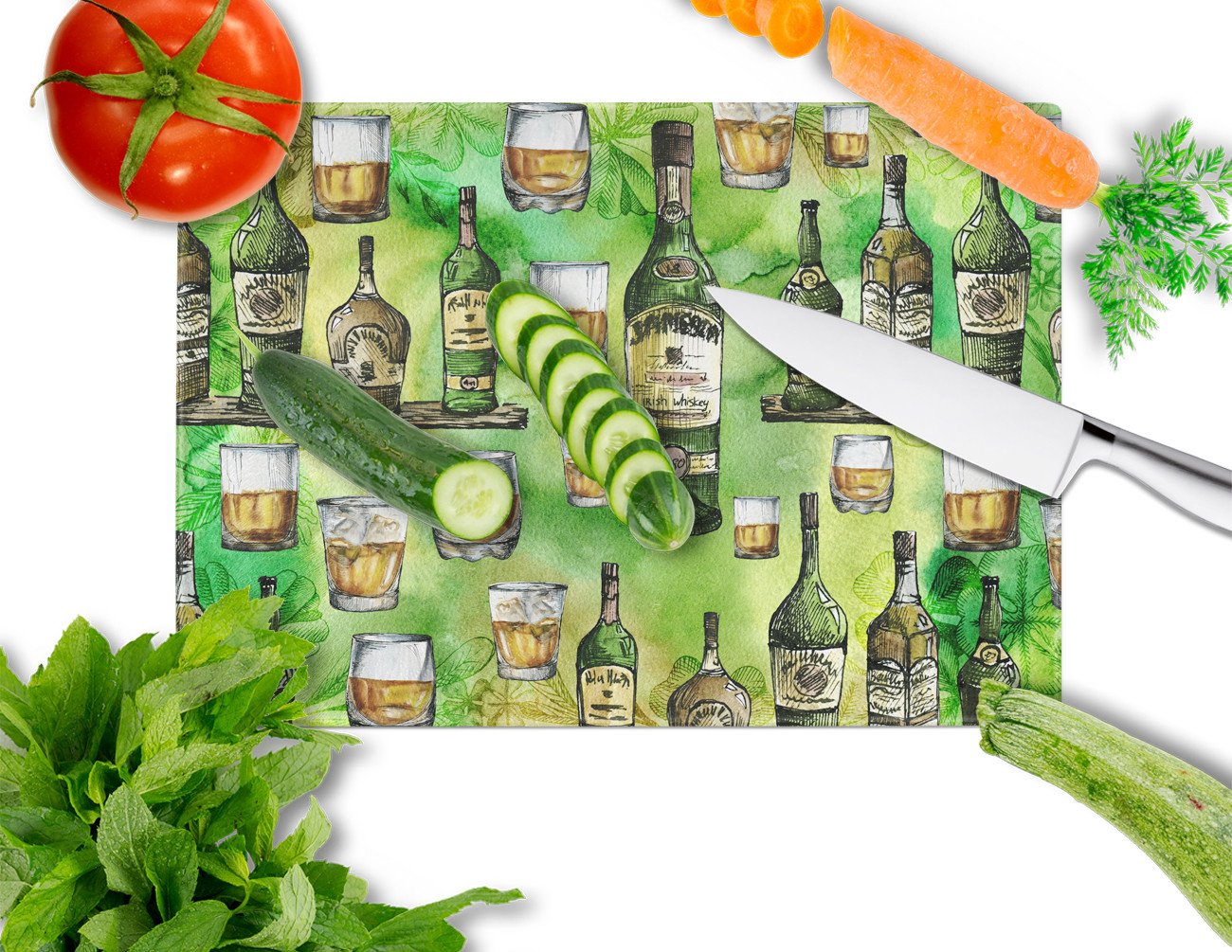 Irish Whiskey Cutting Board Tempered Glass Kitchen Cutting Surface, Heat Resistant Chopping, Non-Slip Feet, Food Prep & Serving