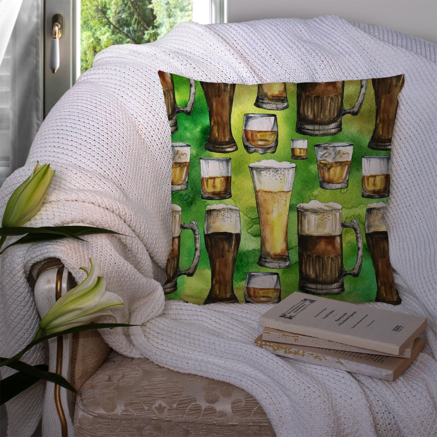 Irish Beers Decorative Throw Pillow 14x14 Indoor Outdoor Accent Cushion, Fabric Cover with Insert for Sofa, Bed, Porch & Living Room