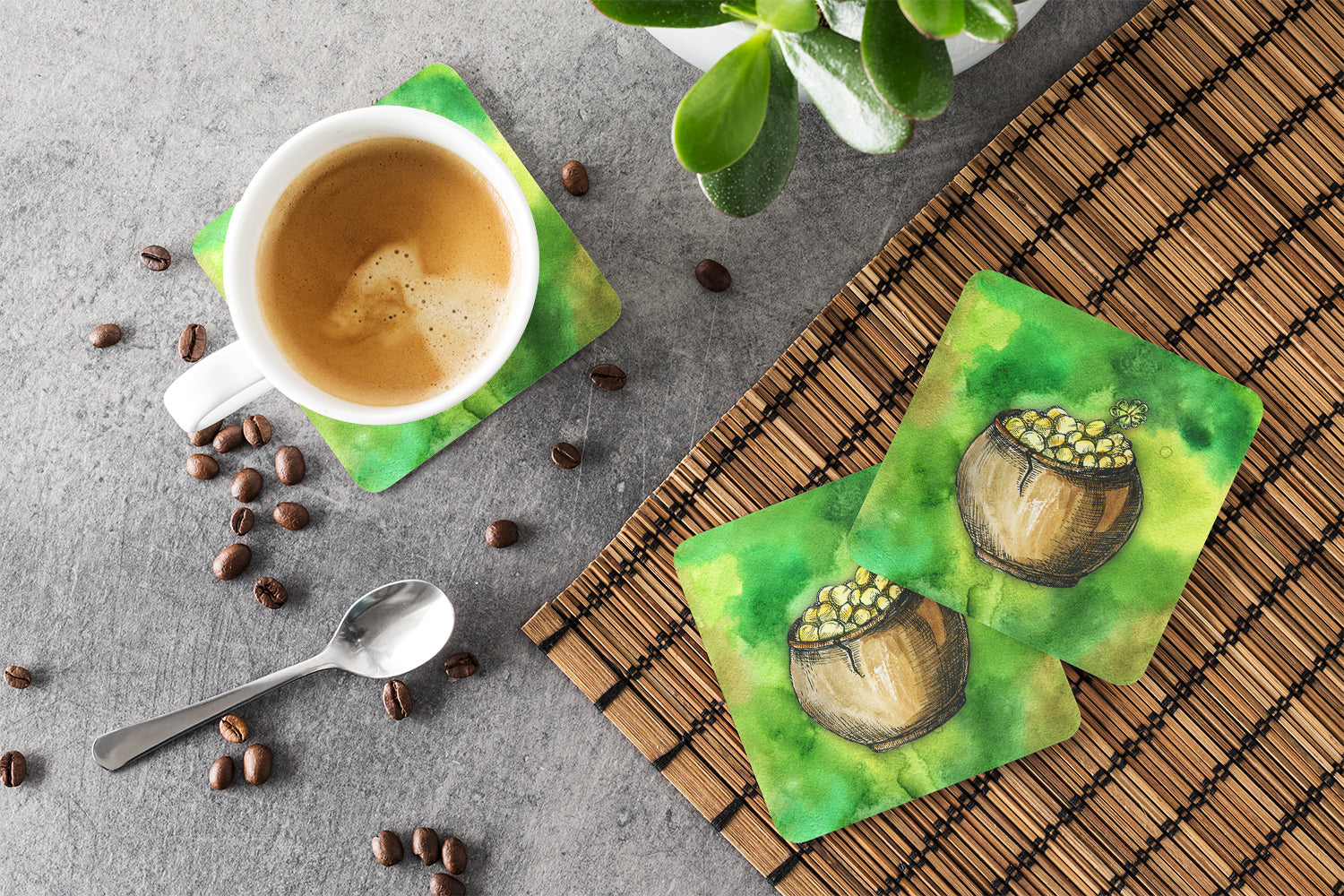 Irish Pot of Gold Foam Coasters Set of 4 Cup Coasters for Indoor Outdoor, Tabletop Protection, Anti Slip, Mouse pad Material