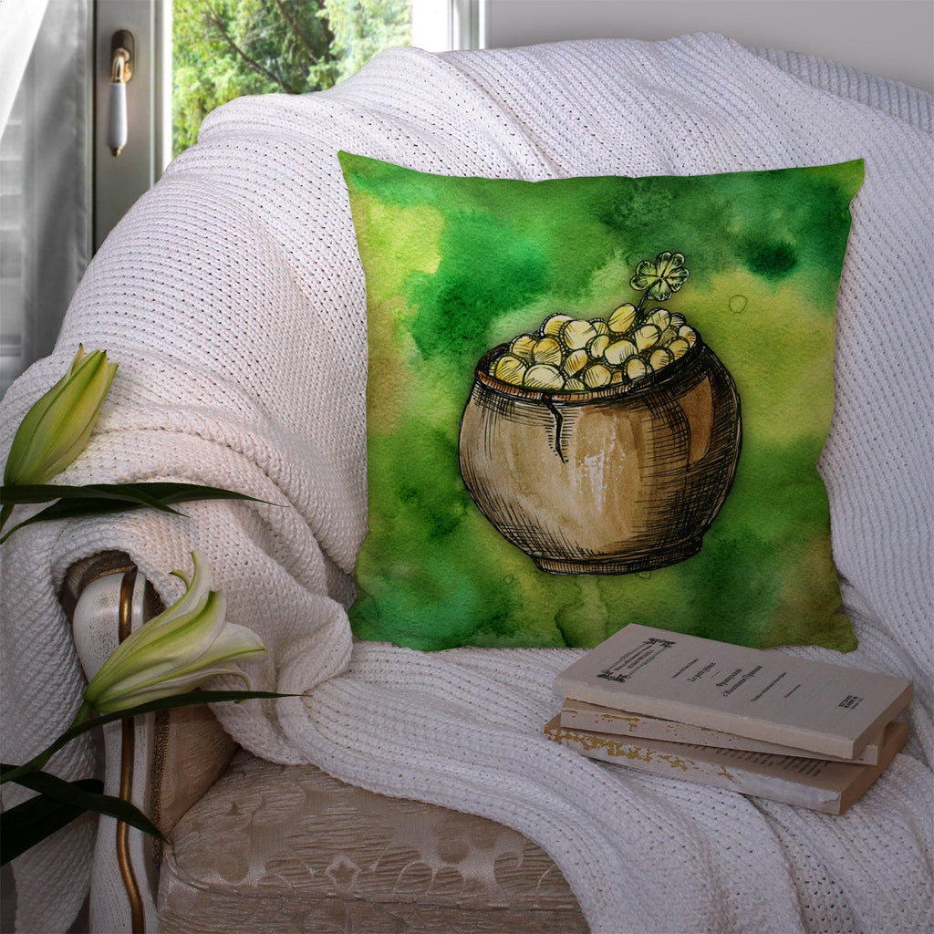 Irish Pot of Gold Decorative Throw Pillow 14x14 Indoor Outdoor Accent Cushion, Fabric Cover with Insert for Sofa, Bed, Porch & Living Room