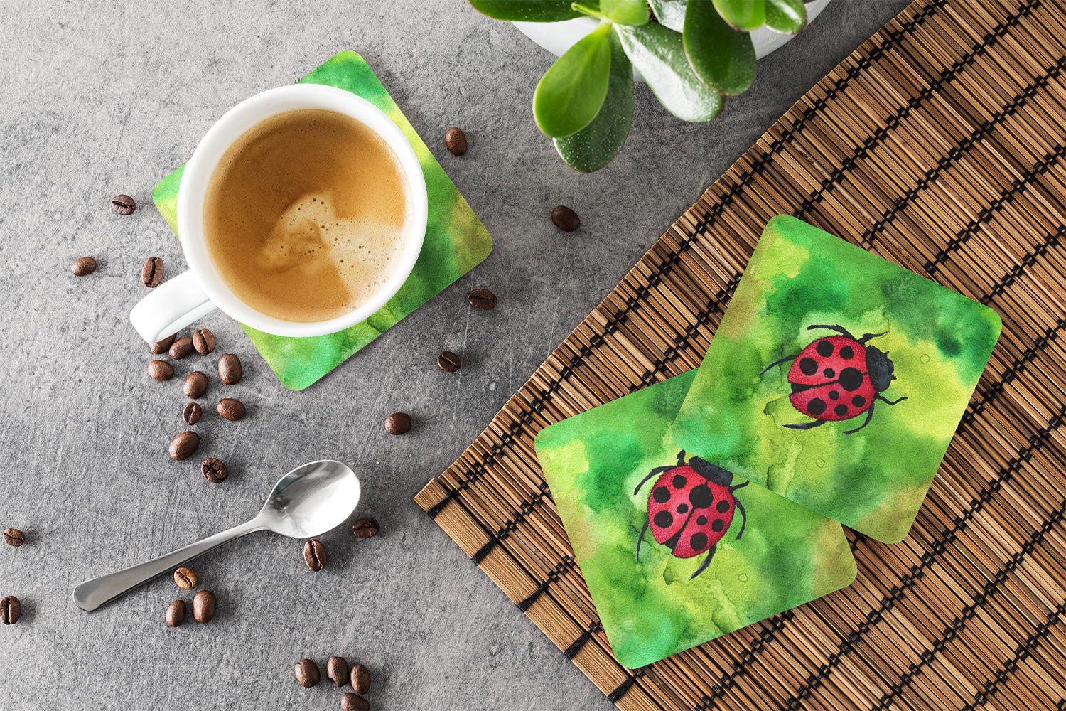 Irish Lady Bug Foam Coasters Set of 4 Cup Coasters for Indoor Outdoor, Tabletop Protection, Anti Slip, Mouse pad Material