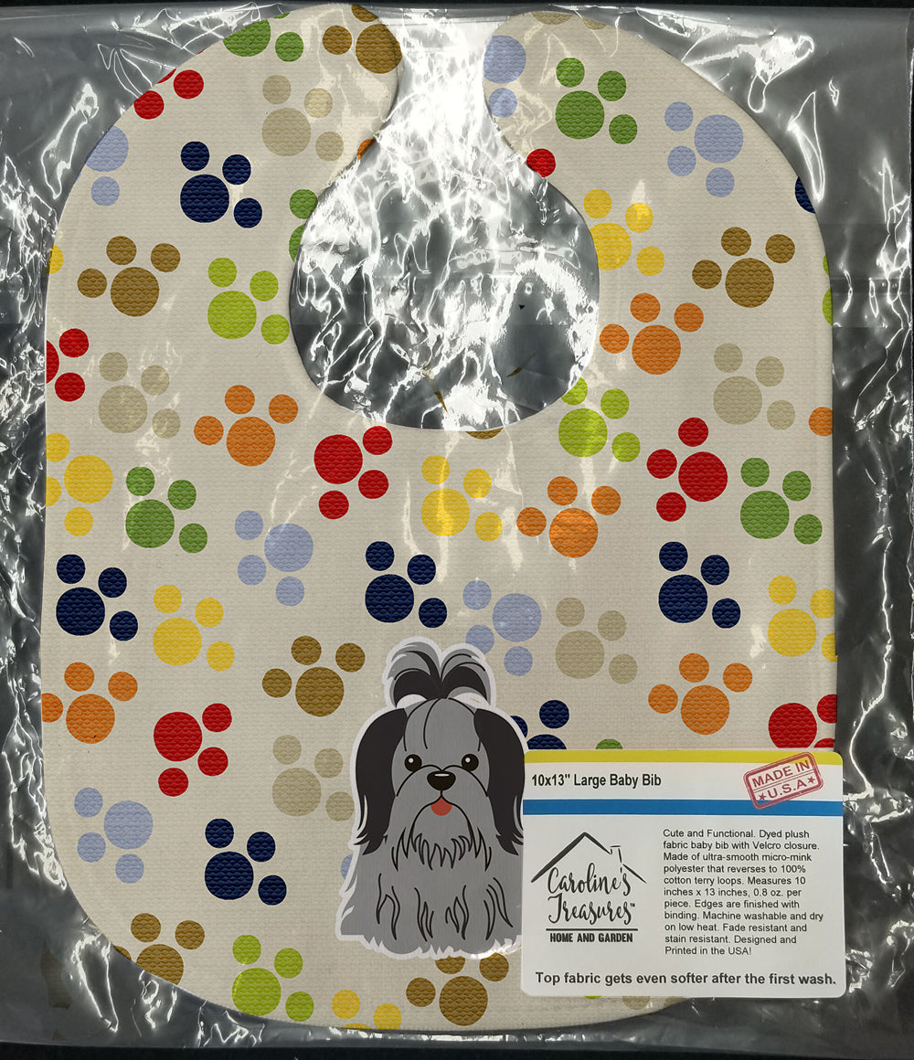 Pawprints Shih Tzu Black Silver Baby Bib Easy-Clean Baby Bib Baby Feeding Accessory Baby Mealtime Essential, 10 x 13, Multicolor