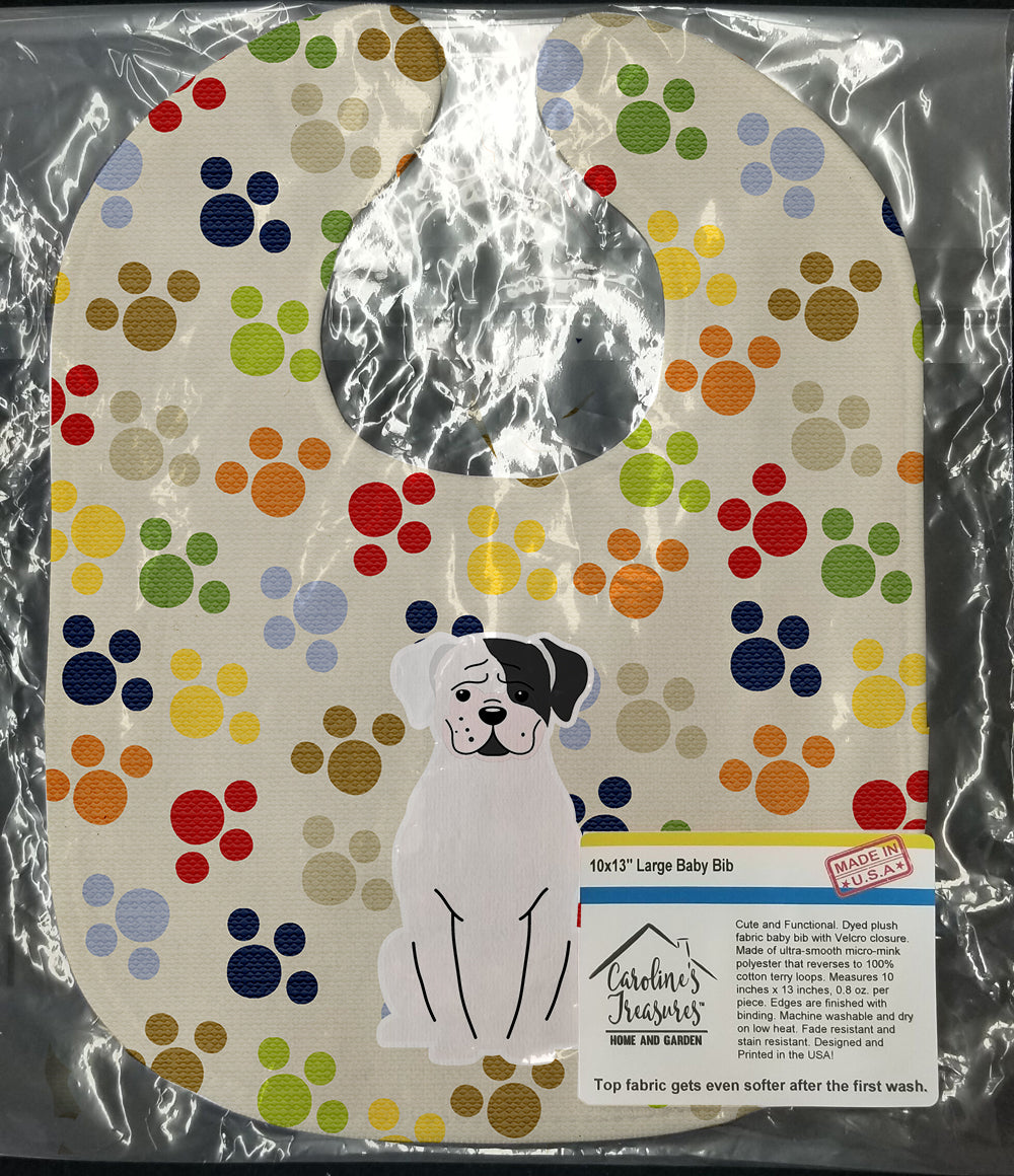 Pawprints White Boxer Cooper Baby Bib Easy-Clean Baby Bib Baby Feeding Accessory Baby Mealtime Essential, 10 x 13, Multicolor