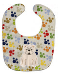 Pawprints English Bulldog White Baby Bib Easy-Clean Baby Bib Baby Feeding Accessory Baby Mealtime Essential, 10 x 13, Multicolor