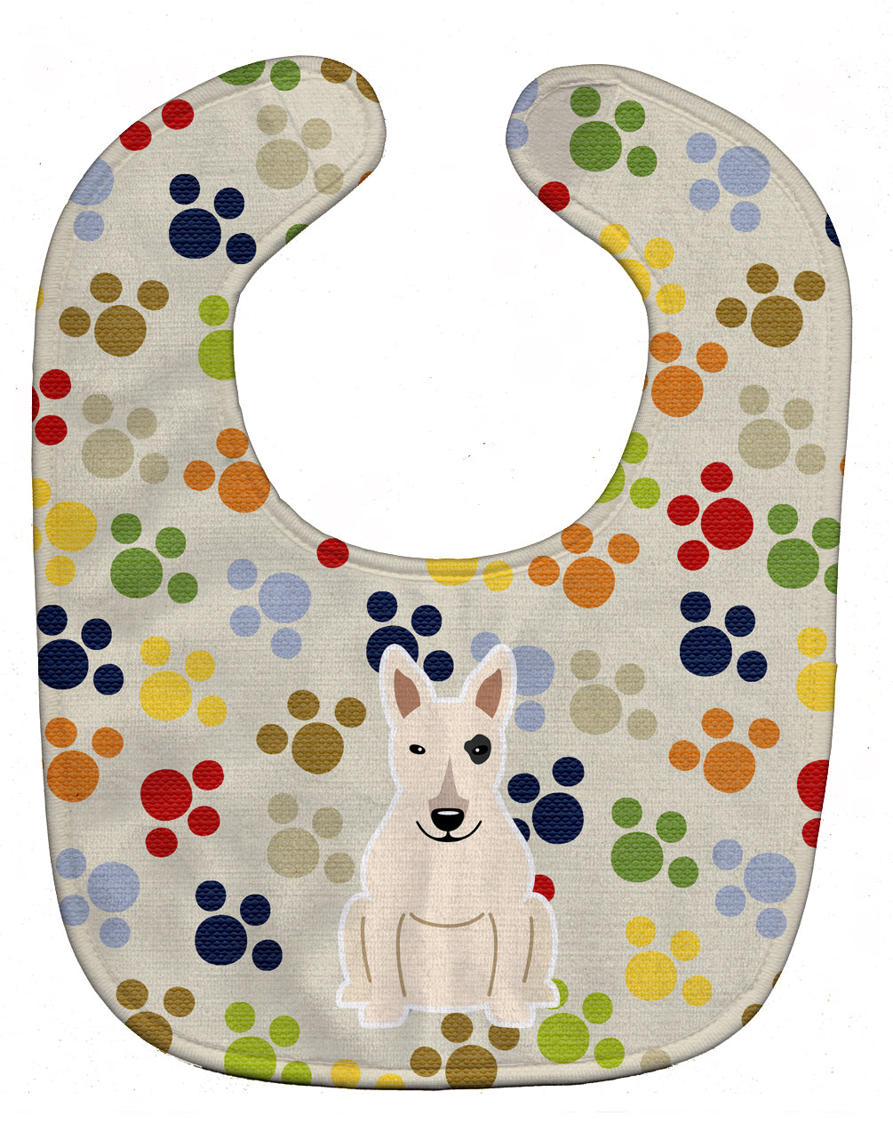 Pawprints Bull Terrier White Baby Bib Easy-Clean Baby Bib Baby Feeding Accessory Baby Mealtime Essential, 10 x 13, Multicolor