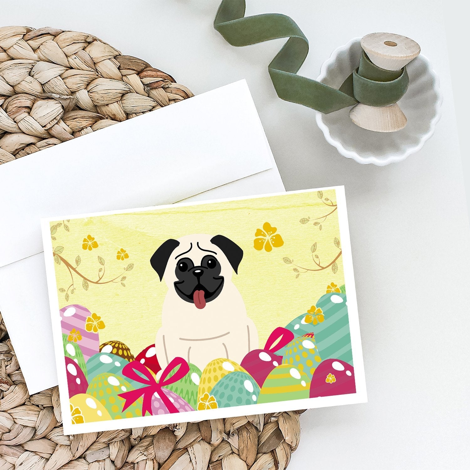 Easter Eggs Pug Cream Greeting Cards Pack of 8 Blank Cards with Envelopes Whimsical A7 Size 5x7