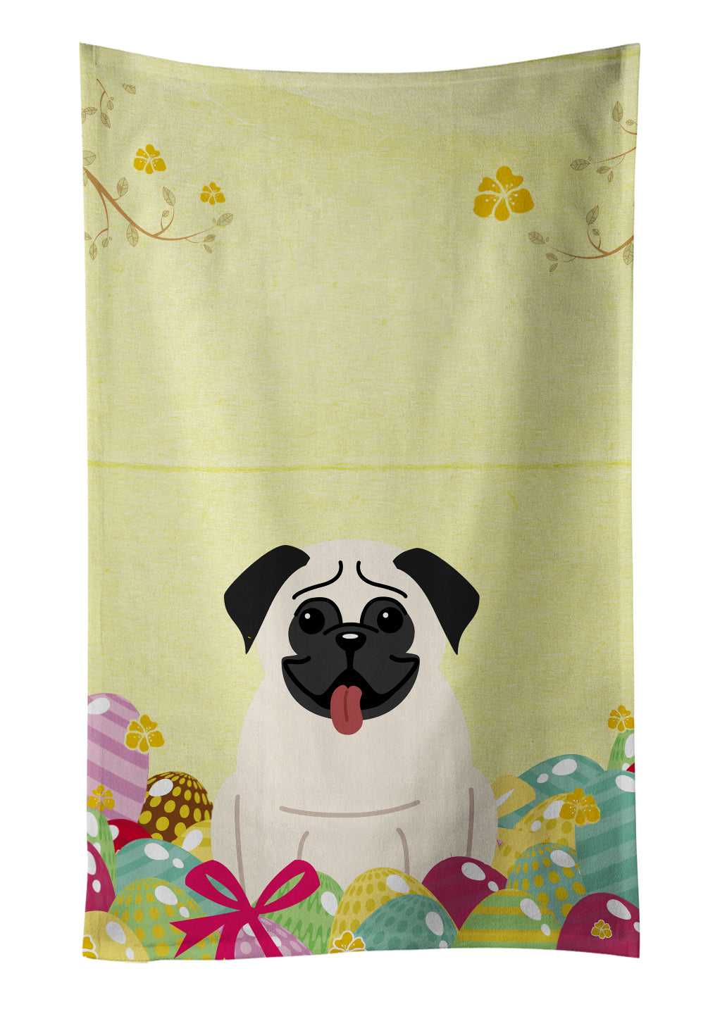 Easter Eggs Pug Cream Kitchen Towel Velour Plush Front and Cotton Loop Back Machine Washable