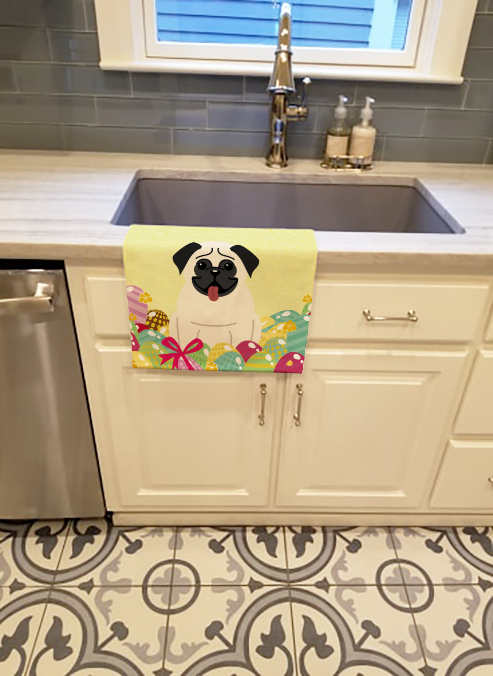 Easter Eggs Pug Cream Kitchen Towel Velour Plush Front and Cotton Loop Back Machine Washable