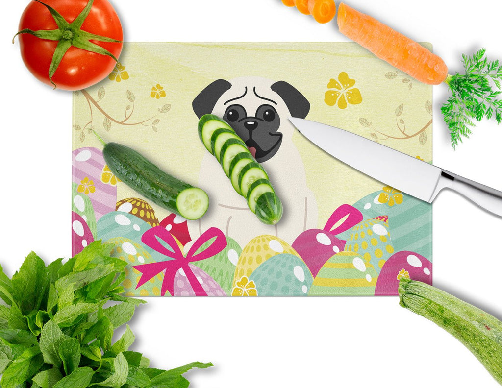 Easter Eggs Pug Cream Cutting Board Tempered Glass Kitchen Cutting Surface, Heat Resistant Chopping, Non-Slip Feet, Food Prep & Serving
