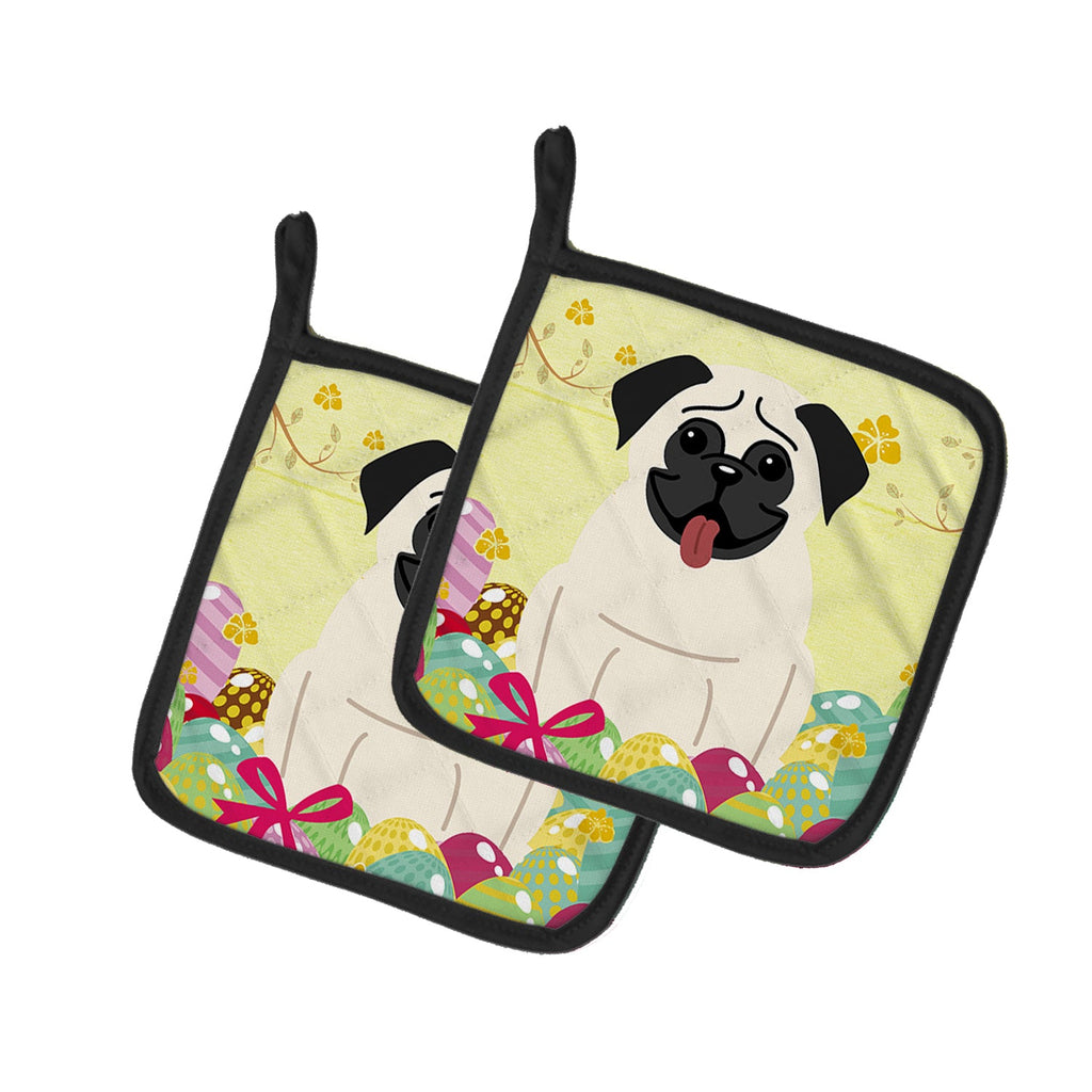 Easter Eggs Pug Cream Pot Holder Set of 2 Heat Resistant Quilted Hot Pads 7.5 x 7.5 Inch, Insulated Kitchen Trivets for Cooking & Baking