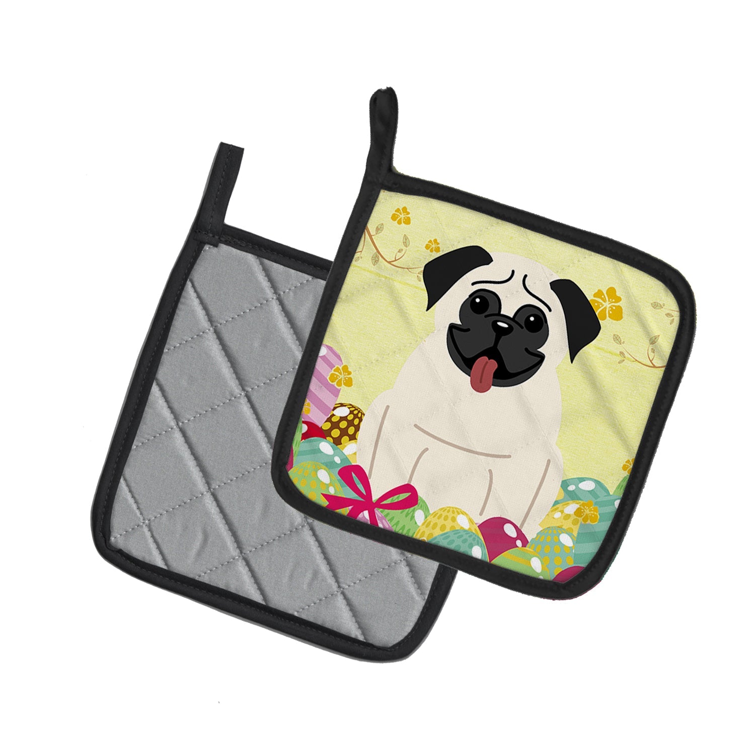 Easter Eggs Pug Cream Pot Holder Set of 2 Heat Resistant Quilted Hot Pads 7.5 x 7.5 Inch, Insulated Kitchen Trivets for Cooking & Baking