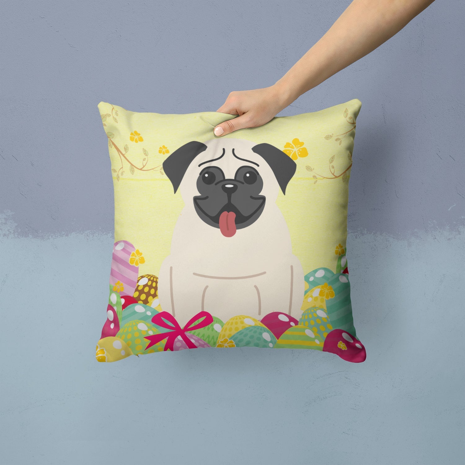 Easter Eggs Pug Cream Decorative Throw Pillow 14x14 Indoor Outdoor Accent Cushion, Fabric Cover with Insert for Sofa, Bed, Porch & Living Room