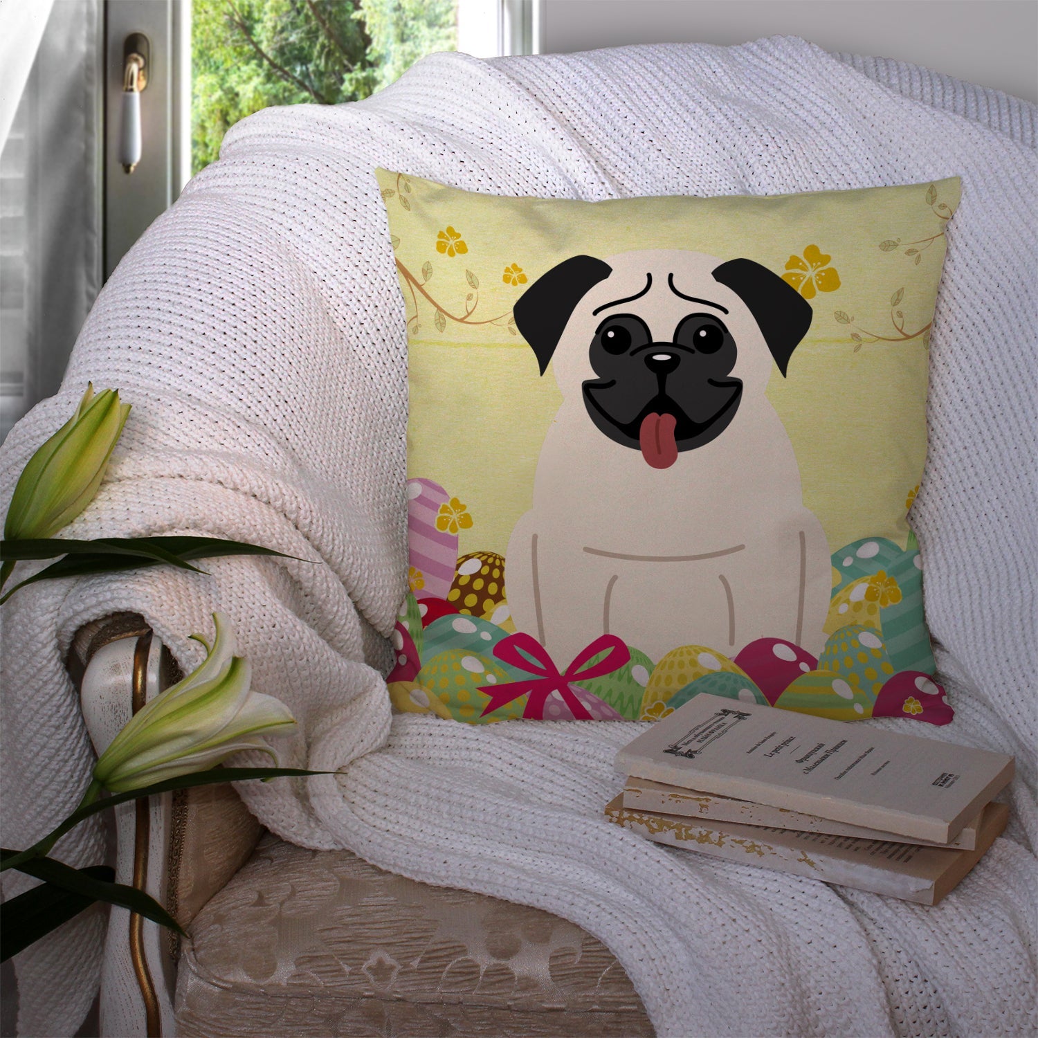 Easter Eggs Pug Cream Decorative Throw Pillow 14x14 Indoor Outdoor Accent Cushion, Fabric Cover with Insert for Sofa, Bed, Porch & Living Room