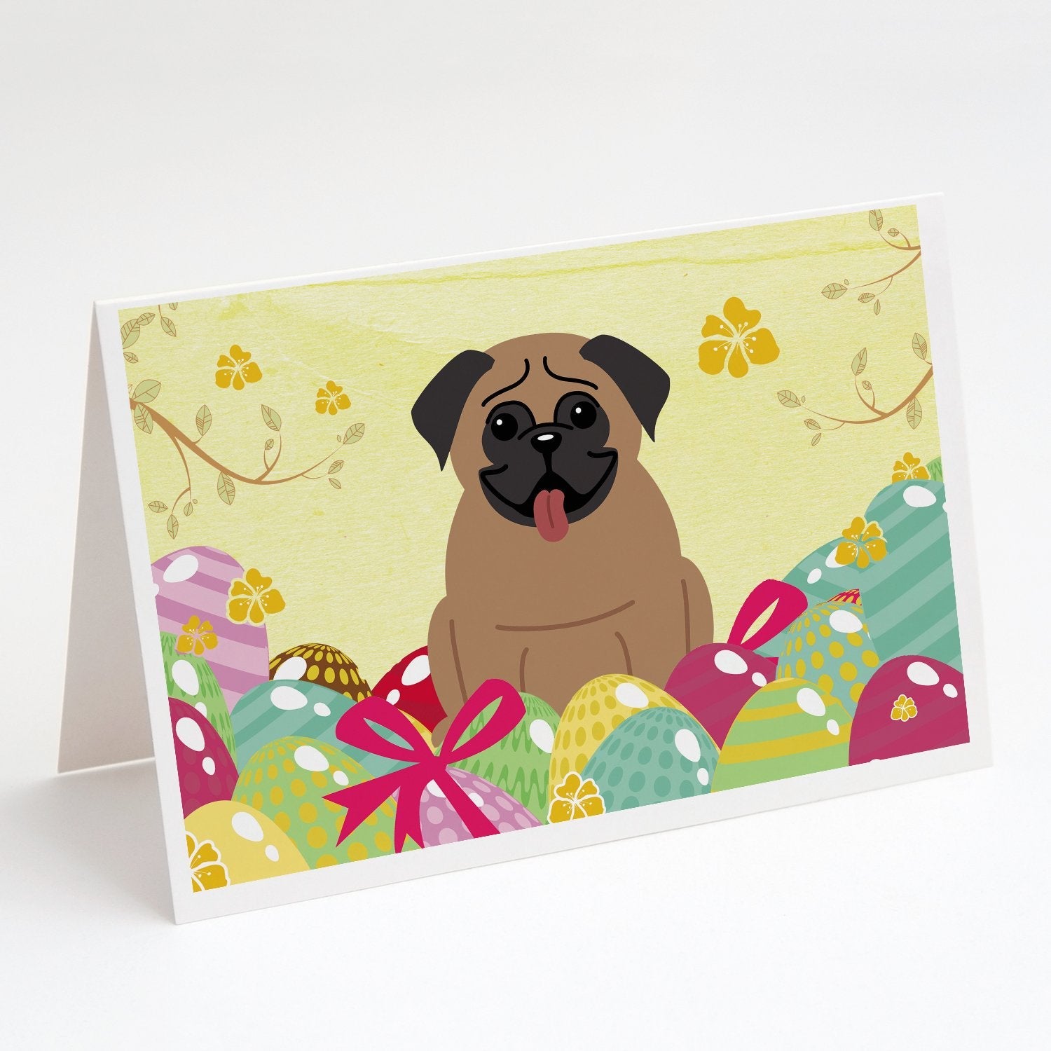 Easter Eggs Pug Brown Greeting Cards Pack of 8 Blank Cards with Envelopes Whimsical A7 Size 5x7