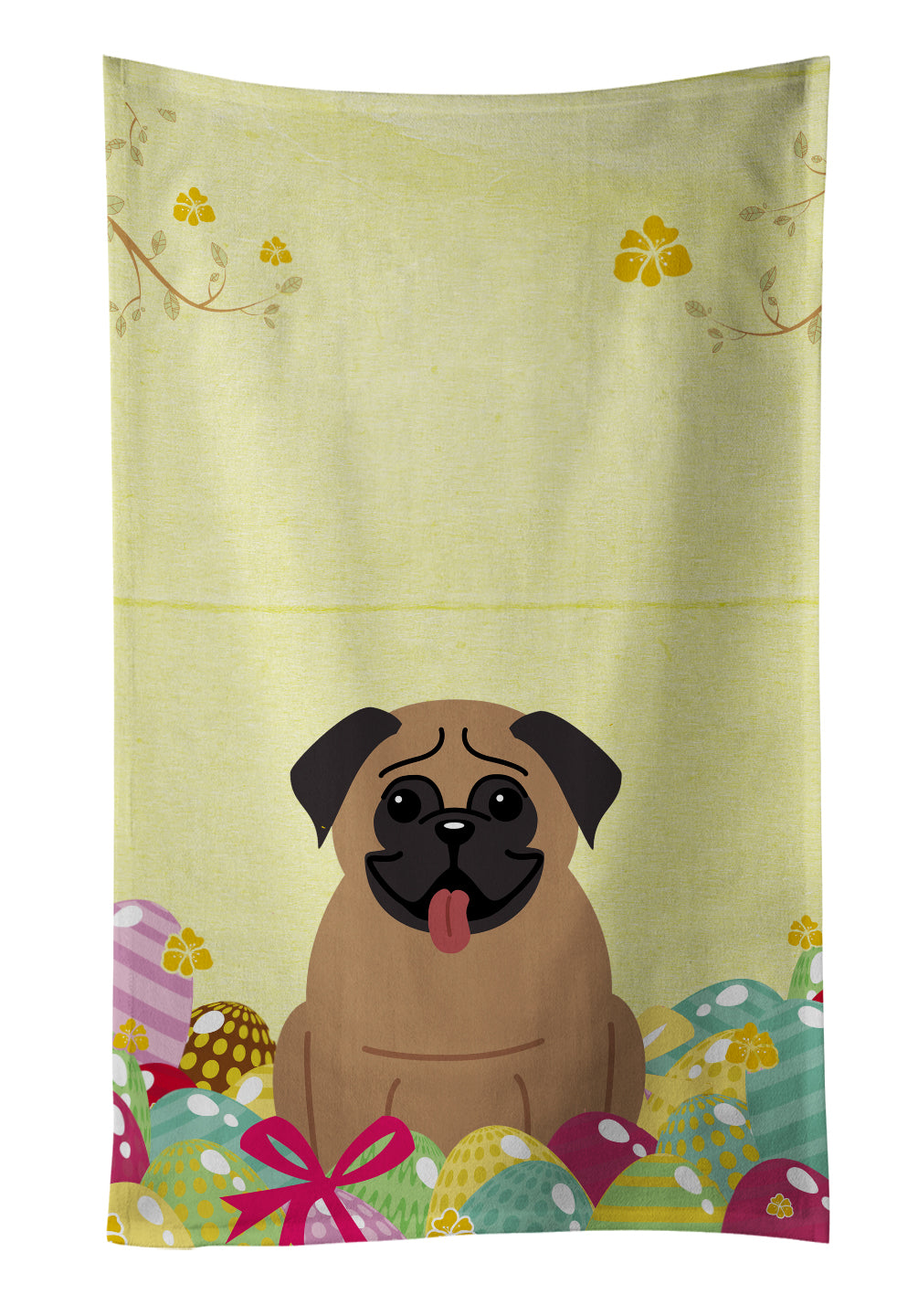 Easter Eggs Pug Brown Kitchen Towel Velour Plush Front and Cotton Loop Back Machine Washable