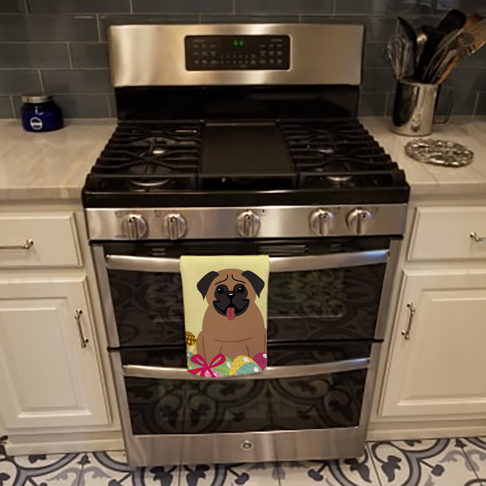 Easter Eggs Pug Brown Kitchen Towel Velour Plush Front and Cotton Loop Back Machine Washable