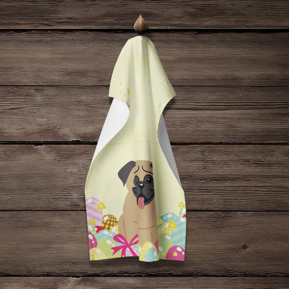 Easter Eggs Pug Brown Kitchen Towel Velour Plush Front and Cotton Loop Back Machine Washable