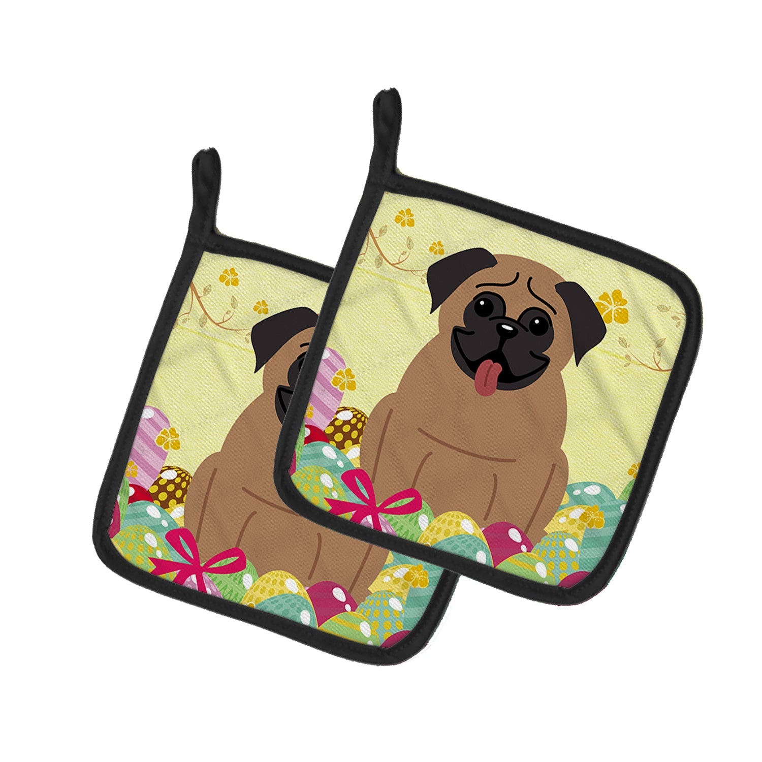 Easter Eggs Pug Brown Pot Holder Set of 2 Heat Resistant Quilted Hot Pads 7.5 x 7.5 Inch, Insulated Kitchen Trivets for Cooking & Baking