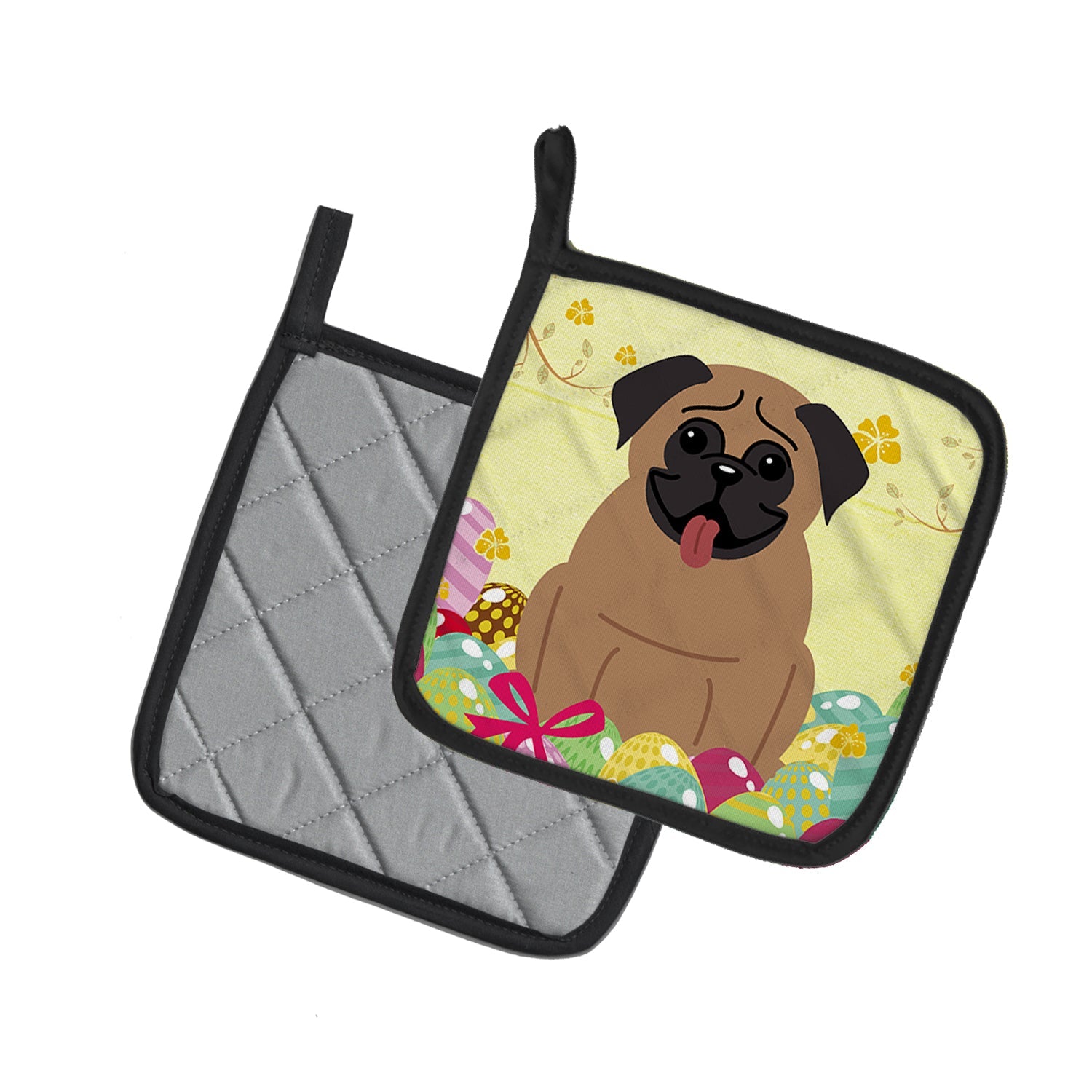 Easter Eggs Pug Brown Pot Holder Set of 2 Heat Resistant Quilted Hot Pads 7.5 x 7.5 Inch, Insulated Kitchen Trivets for Cooking & Baking