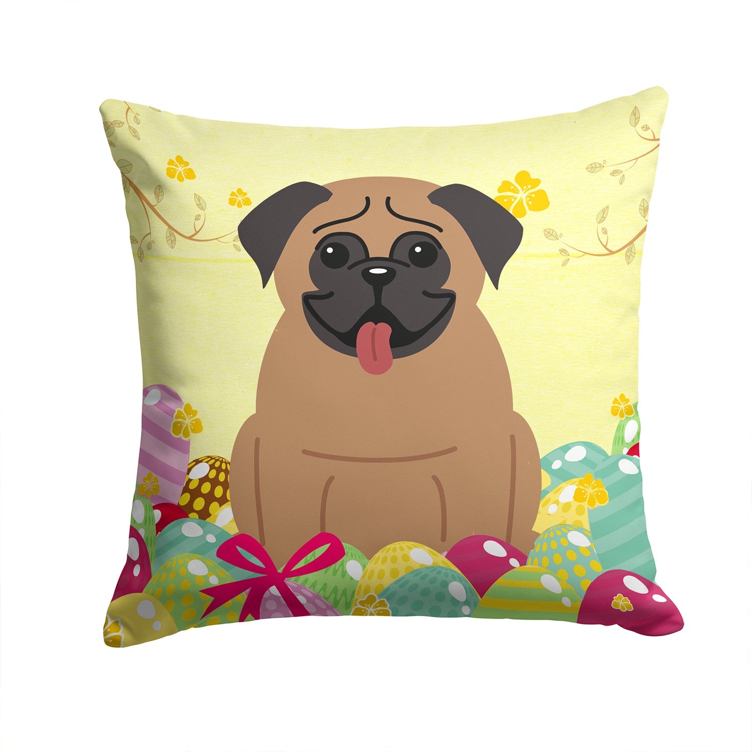 Easter Eggs Pug Brown Decorative Throw Pillow 14x14 Indoor Outdoor Accent Cushion, Fabric Cover with Insert for Sofa, Bed, Porch & Living Room