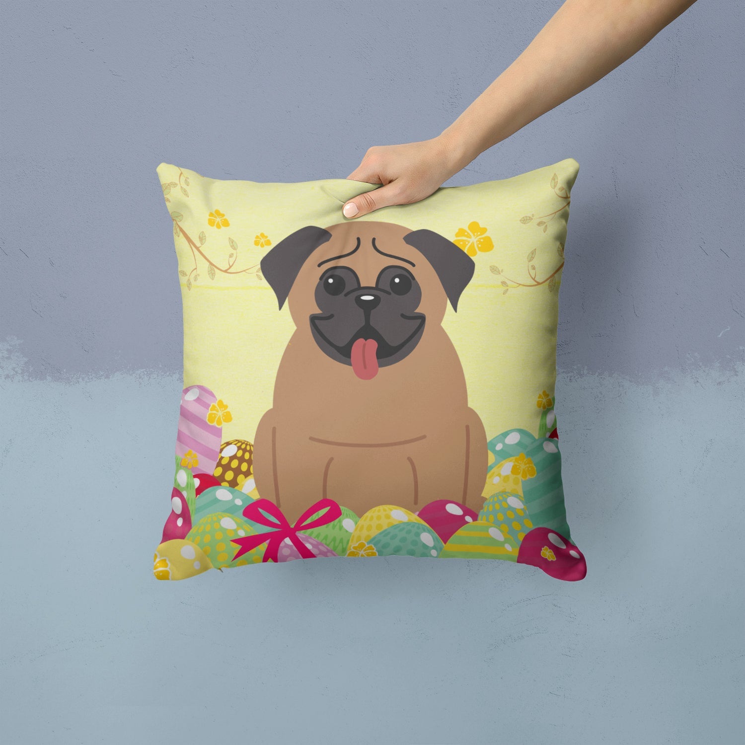Easter Eggs Pug Brown Decorative Throw Pillow 14x14 Indoor Outdoor Accent Cushion, Fabric Cover with Insert for Sofa, Bed, Porch & Living Room