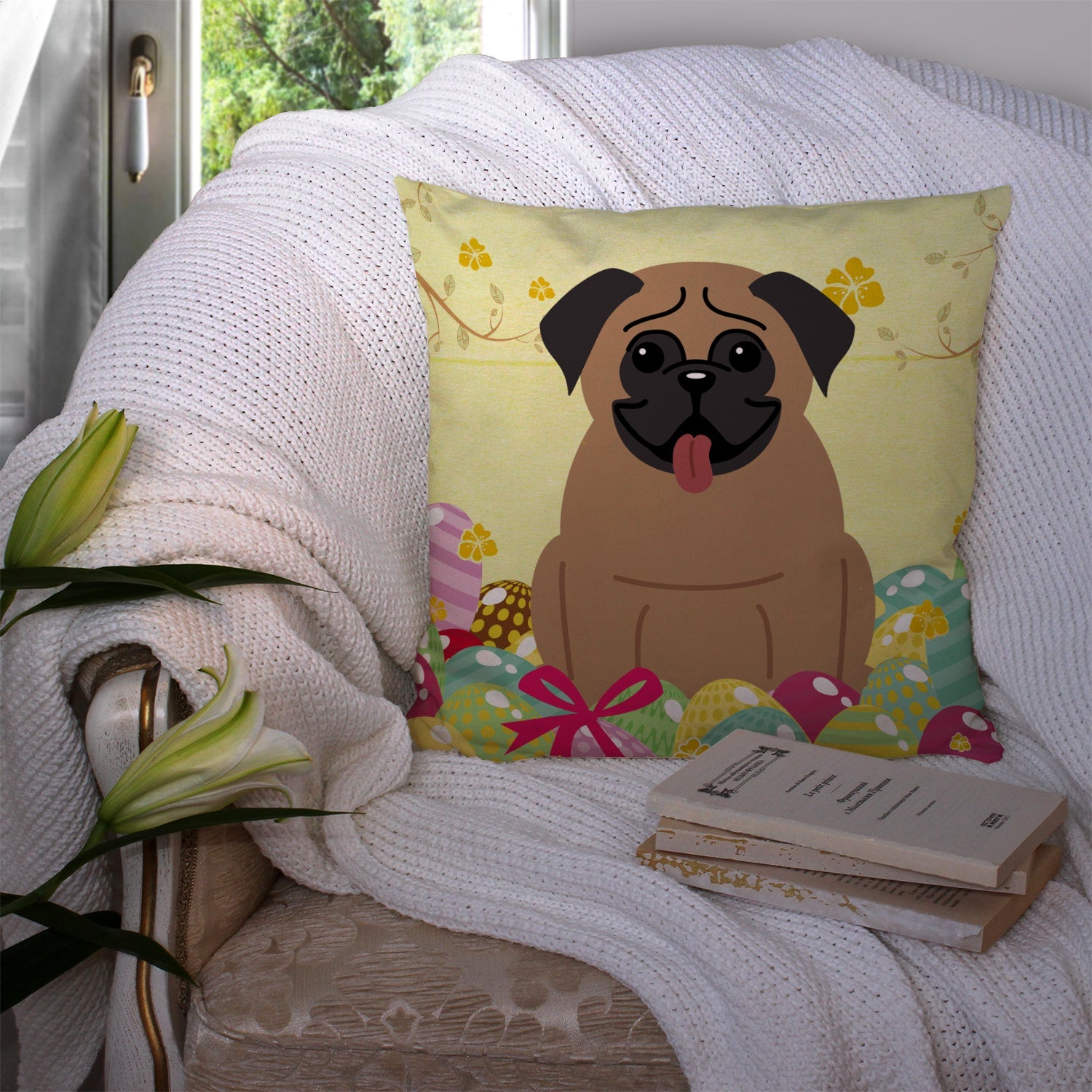 Easter Eggs Pug Brown Decorative Throw Pillow 14x14 Indoor Outdoor Accent Cushion, Fabric Cover with Insert for Sofa, Bed, Porch & Living Room