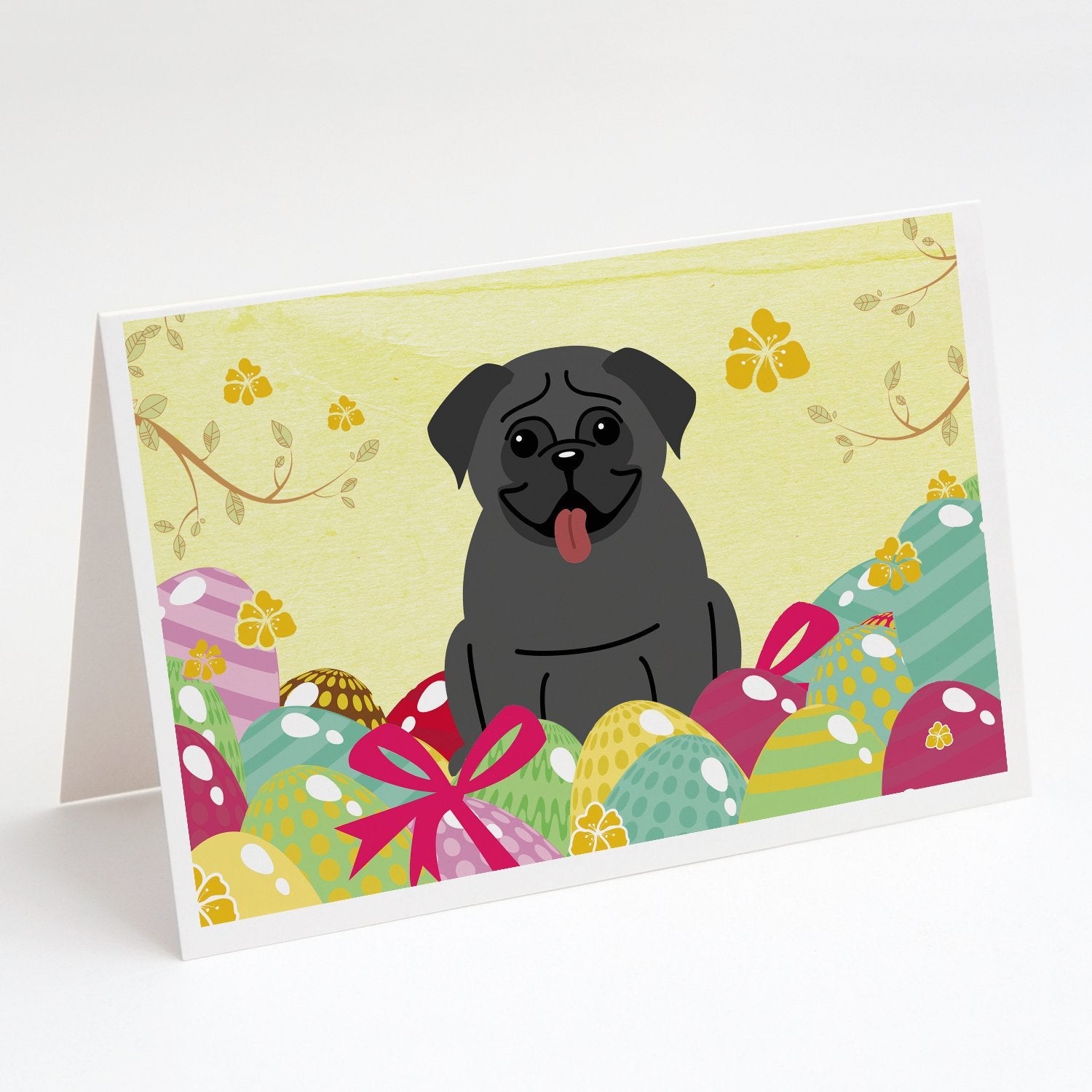 Easter Eggs Pug Black Greeting Cards Pack of 8 Blank Cards with Envelopes Whimsical A7 Size 5x7