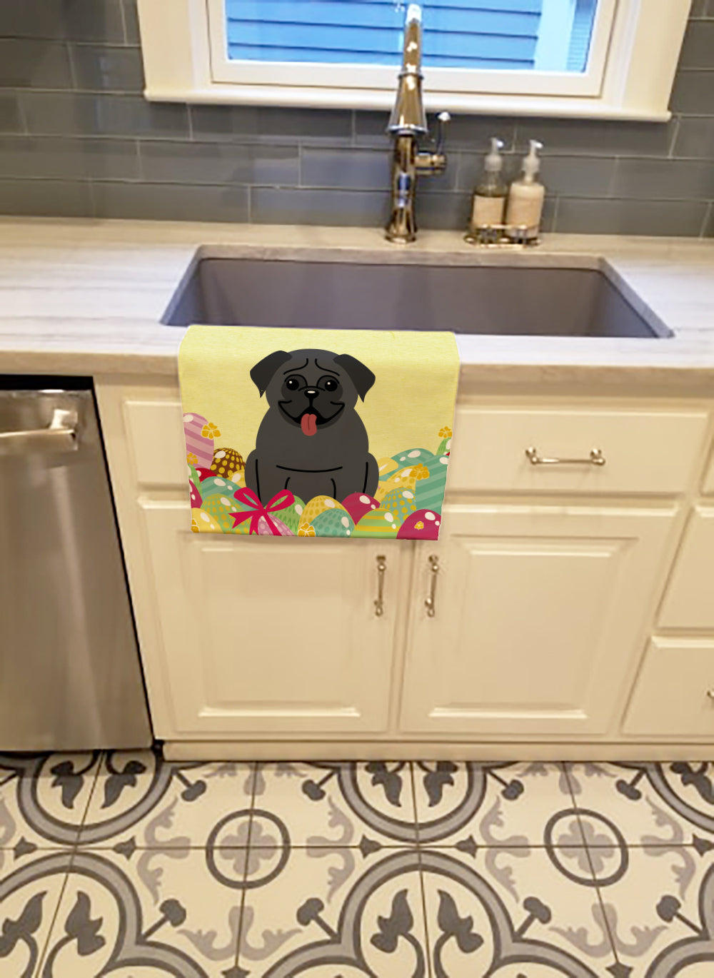 Easter Eggs Pug Black Kitchen Towel Velour Plush Front and Cotton Loop Back Machine Washable