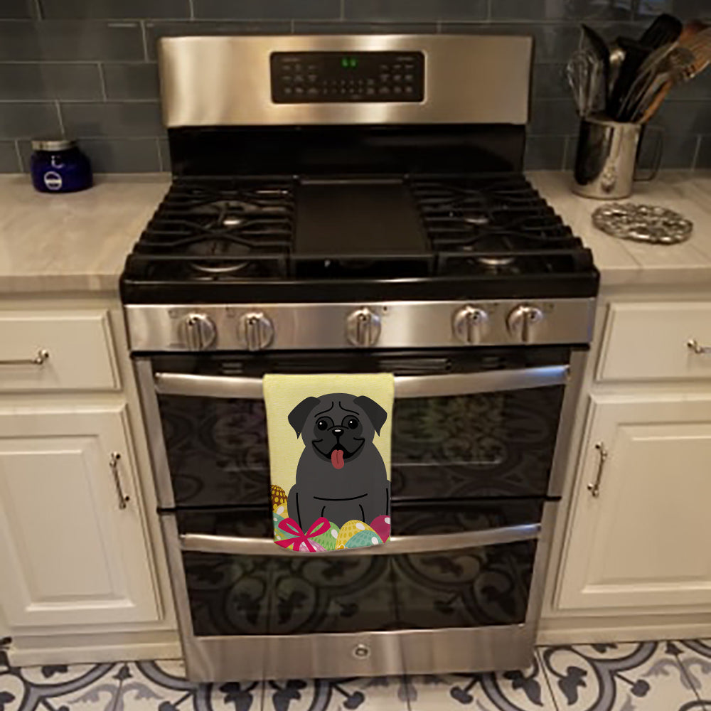 Easter Eggs Pug Black Kitchen Towel Velour Plush Front and Cotton Loop Back Machine Washable