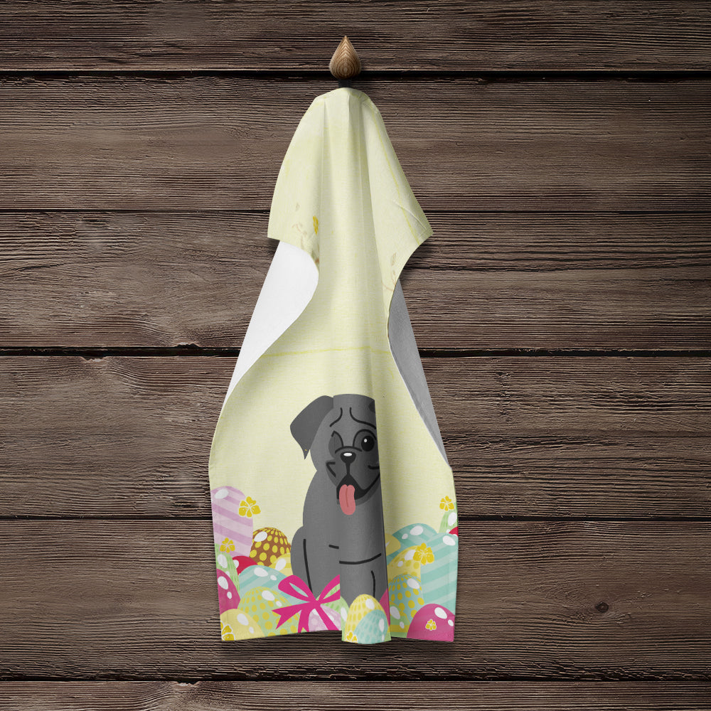 Easter Eggs Pug Black Kitchen Towel Velour Plush Front and Cotton Loop Back Machine Washable