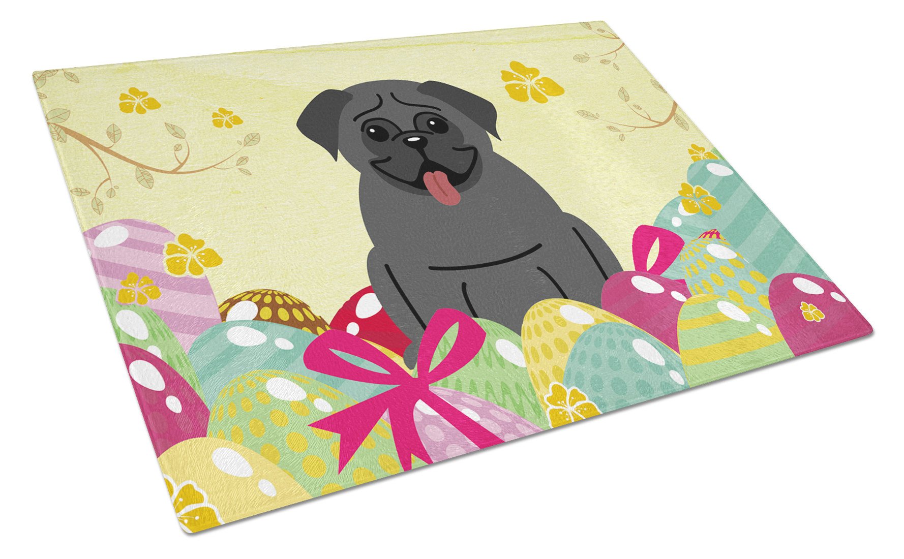 Easter Eggs Pug Black Cutting Board Tempered Glass Kitchen Cutting Surface, Heat Resistant Chopping, Non-Slip Feet, Food Prep & Serving