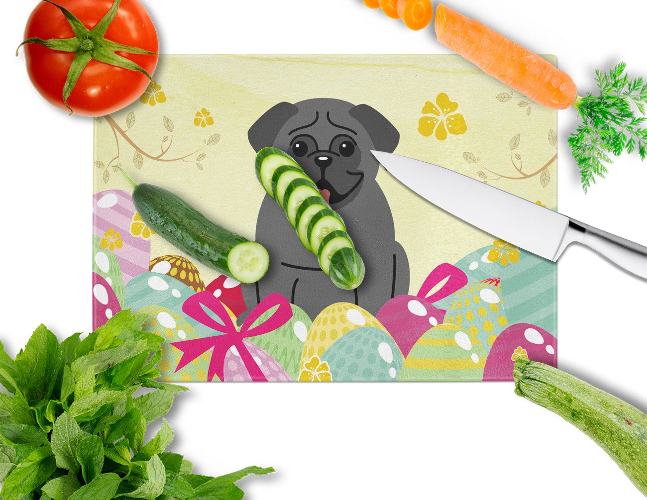 Easter Eggs Pug Black Cutting Board Tempered Glass Kitchen Cutting Surface, Heat Resistant Chopping, Non-Slip Feet, Food Prep & Serving