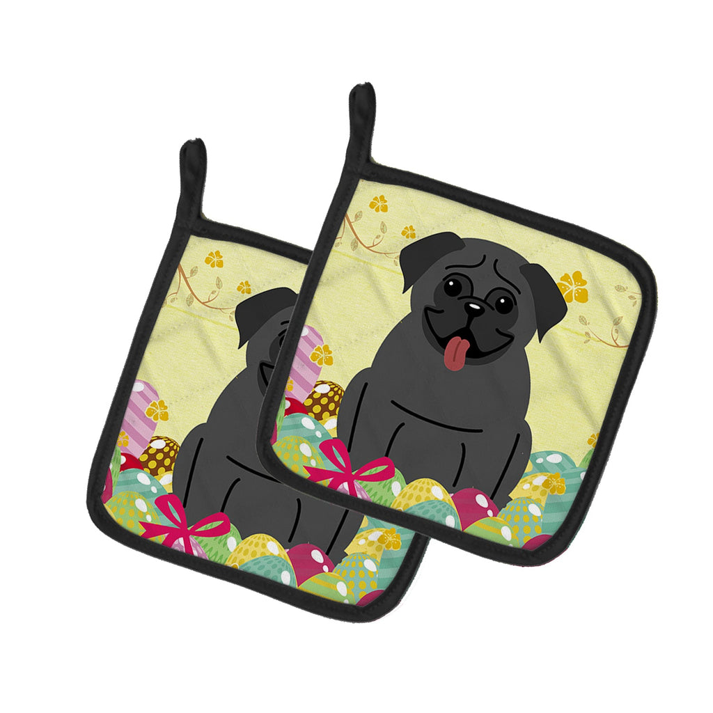 Easter Eggs Pug Black Pot Holder Set of 2 Heat Resistant Quilted Hot Pads 7.5 x 7.5 Inch, Insulated Kitchen Trivets for Cooking & Baking