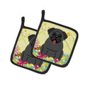 Easter Eggs Pug Black Pot Holder Set of 2 Heat Resistant Quilted Hot Pads 7.5 x 7.5 Inch, Insulated Kitchen Trivets for Cooking & Baking