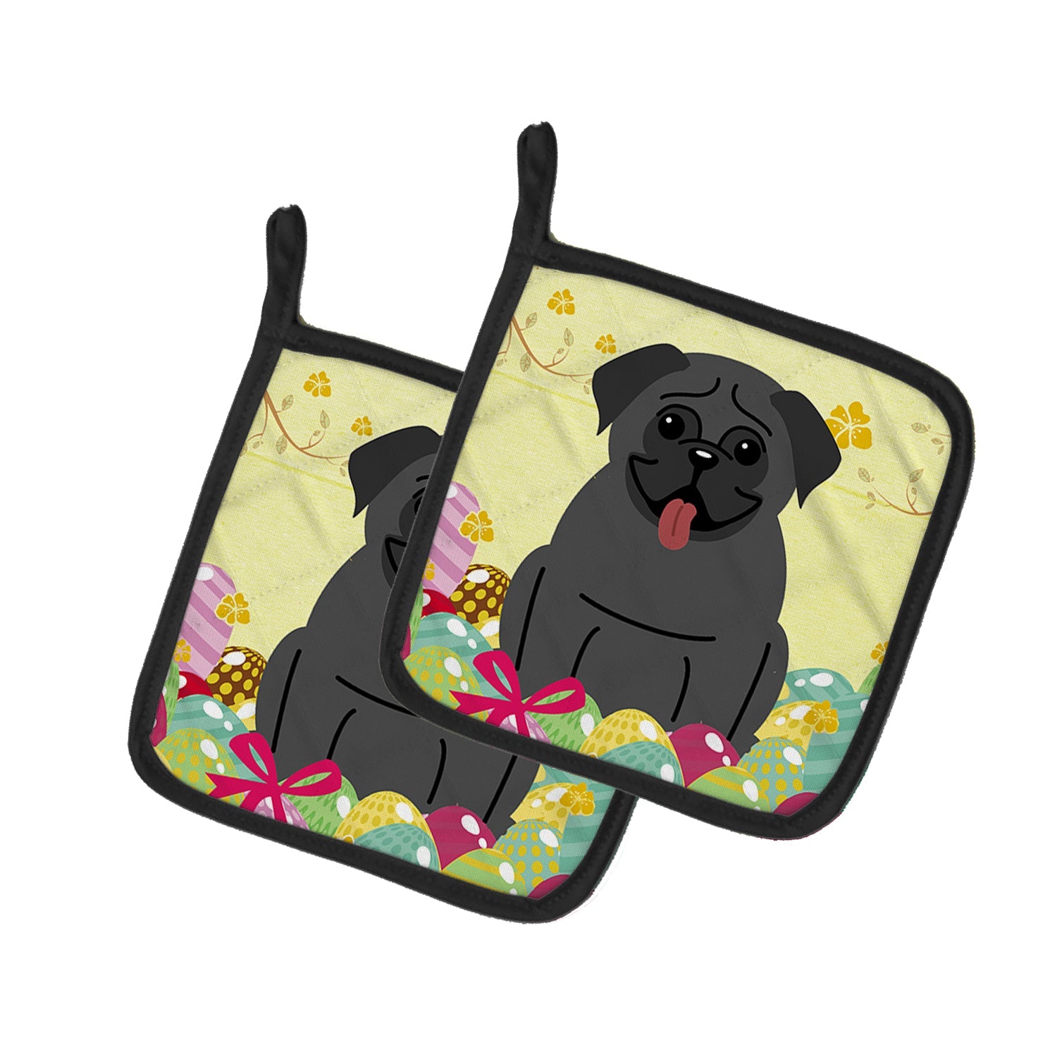 Easter Eggs Pug Black Pot Holder Set of 2 Heat Resistant Quilted Hot Pads 7.5 x 7.5 Inch, Insulated Kitchen Trivets for Cooking & Baking