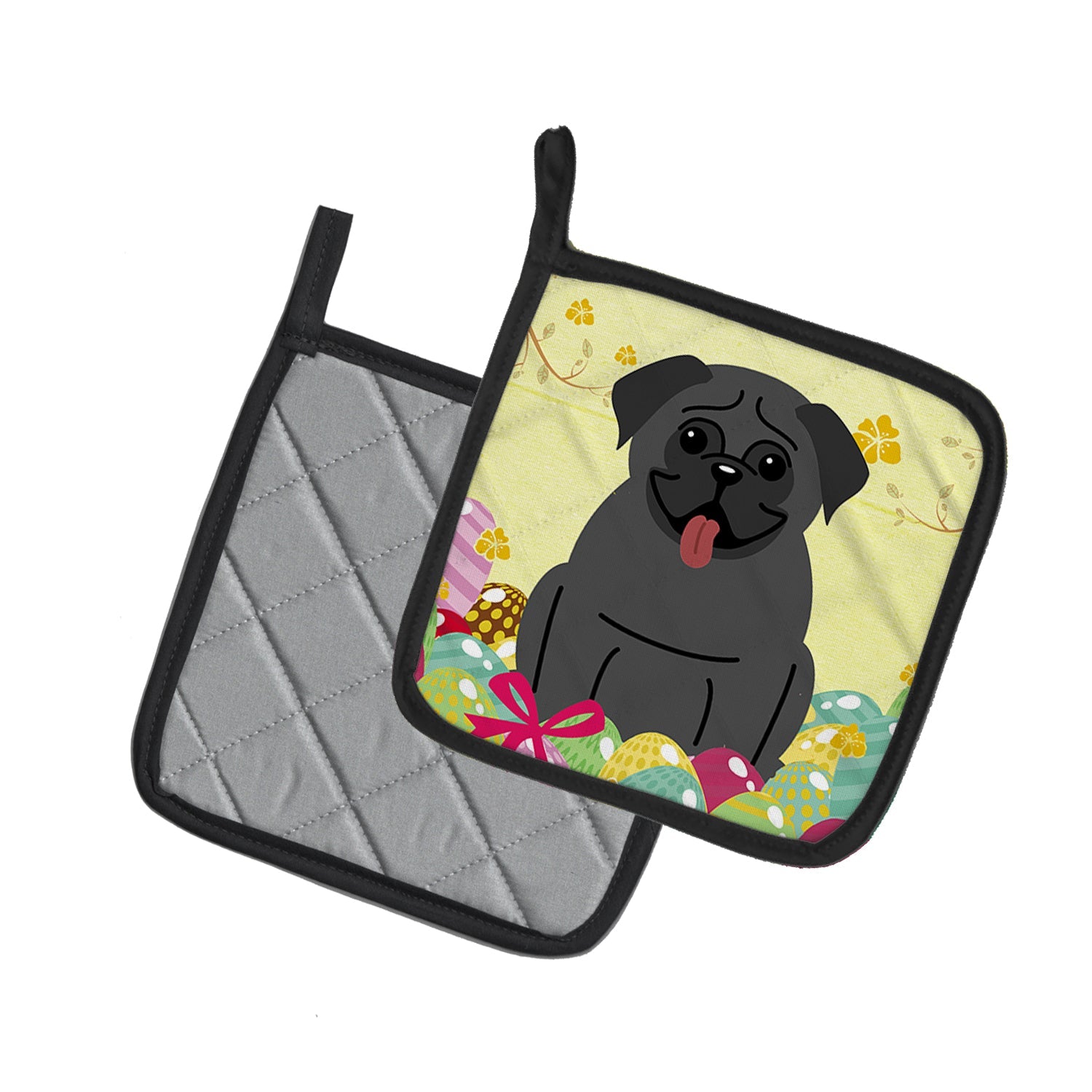 Easter Eggs Pug Black Pot Holder Set of 2 Heat Resistant Quilted Hot Pads 7.5 x 7.5 Inch, Insulated Kitchen Trivets for Cooking & Baking
