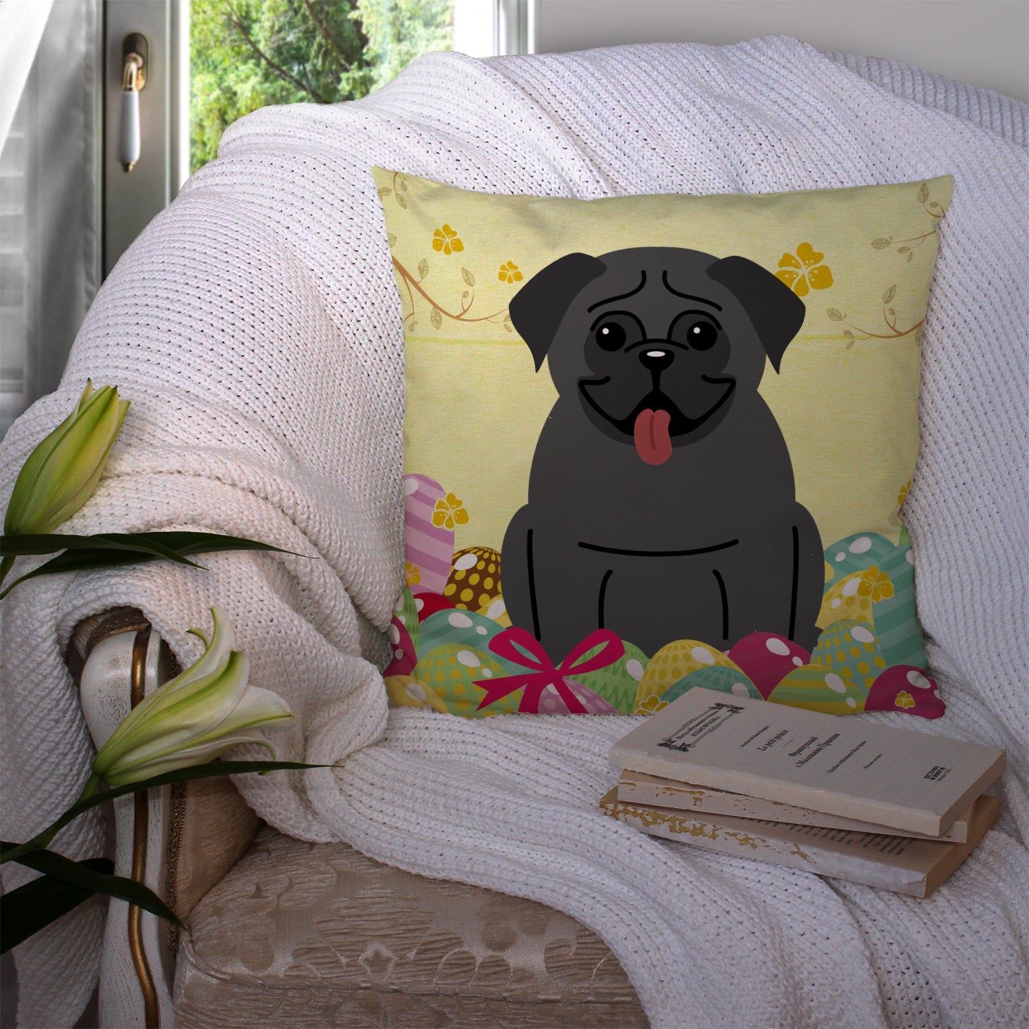 Easter Eggs Pug Black Decorative Throw Pillow 14x14 Indoor Outdoor Accent Cushion, Fabric Cover with Insert for Sofa, Bed, Porch & Living Room