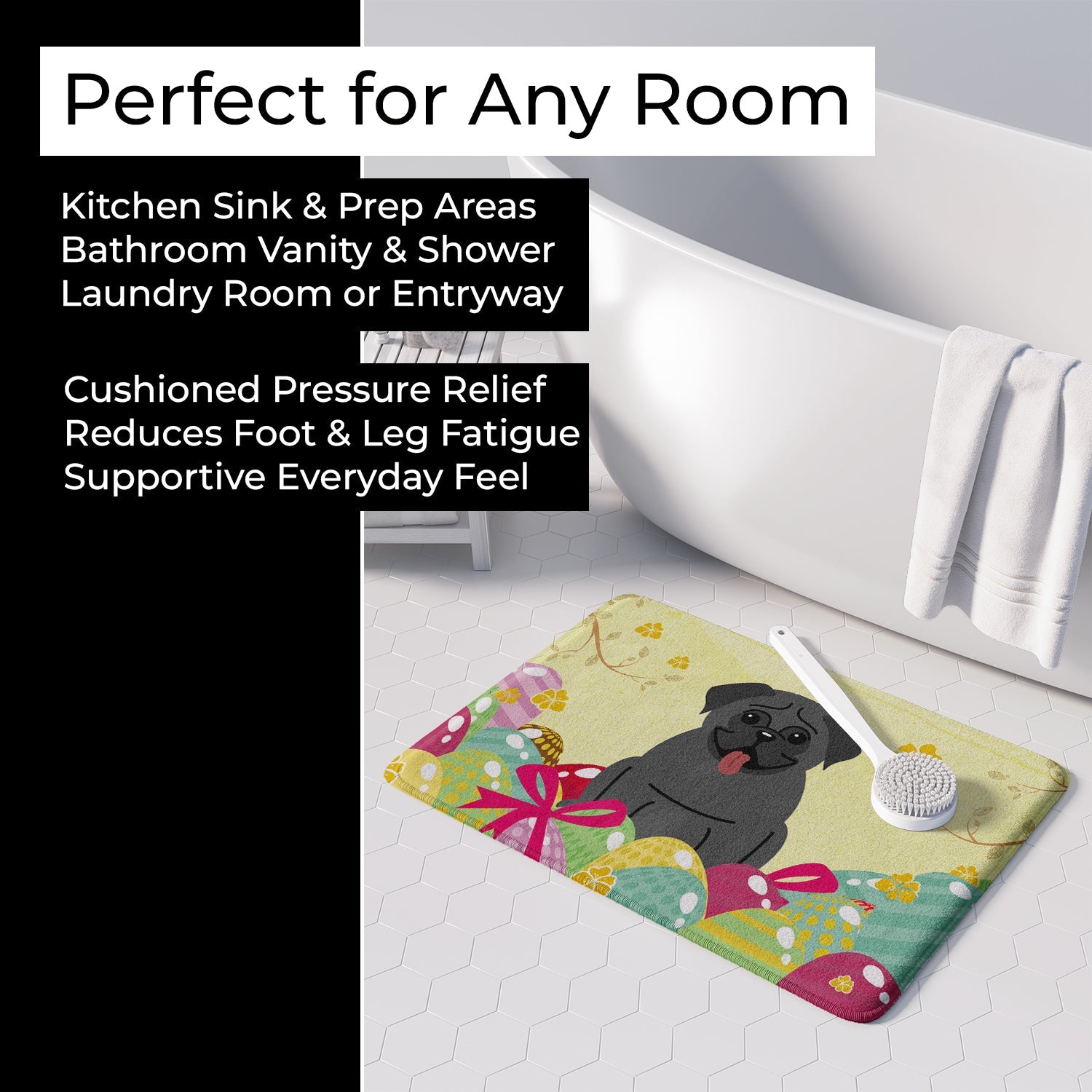Easter Eggs Pug Black Memory Foam Kitchen Mat Machine Washable Anti-Fatigue Cushion Comfort Bath or Kitchen Rug